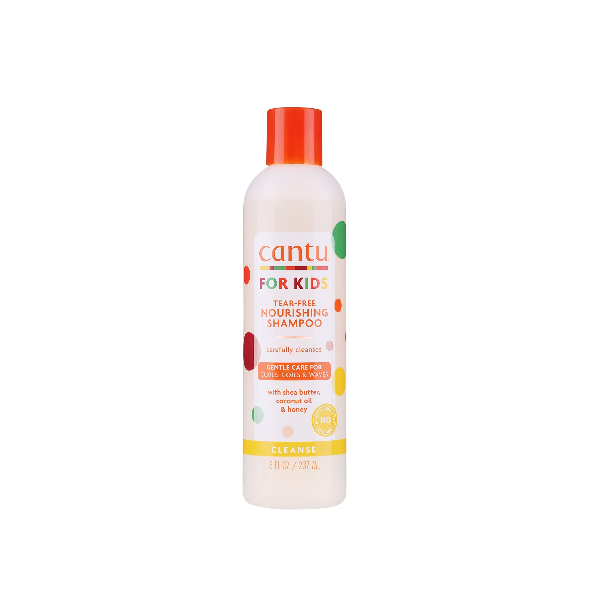 Hvid flaske med orange låg indeholdende Cantu For Kids Tear-Free Nourishing Shampoo.
