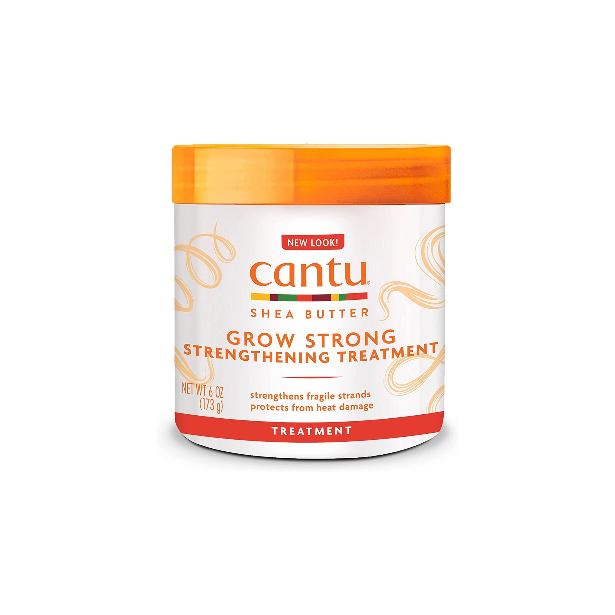 Hvid beholder med orange låg indeholdende Cantu Shea Butter Grow Strong Strengthening Treatment.