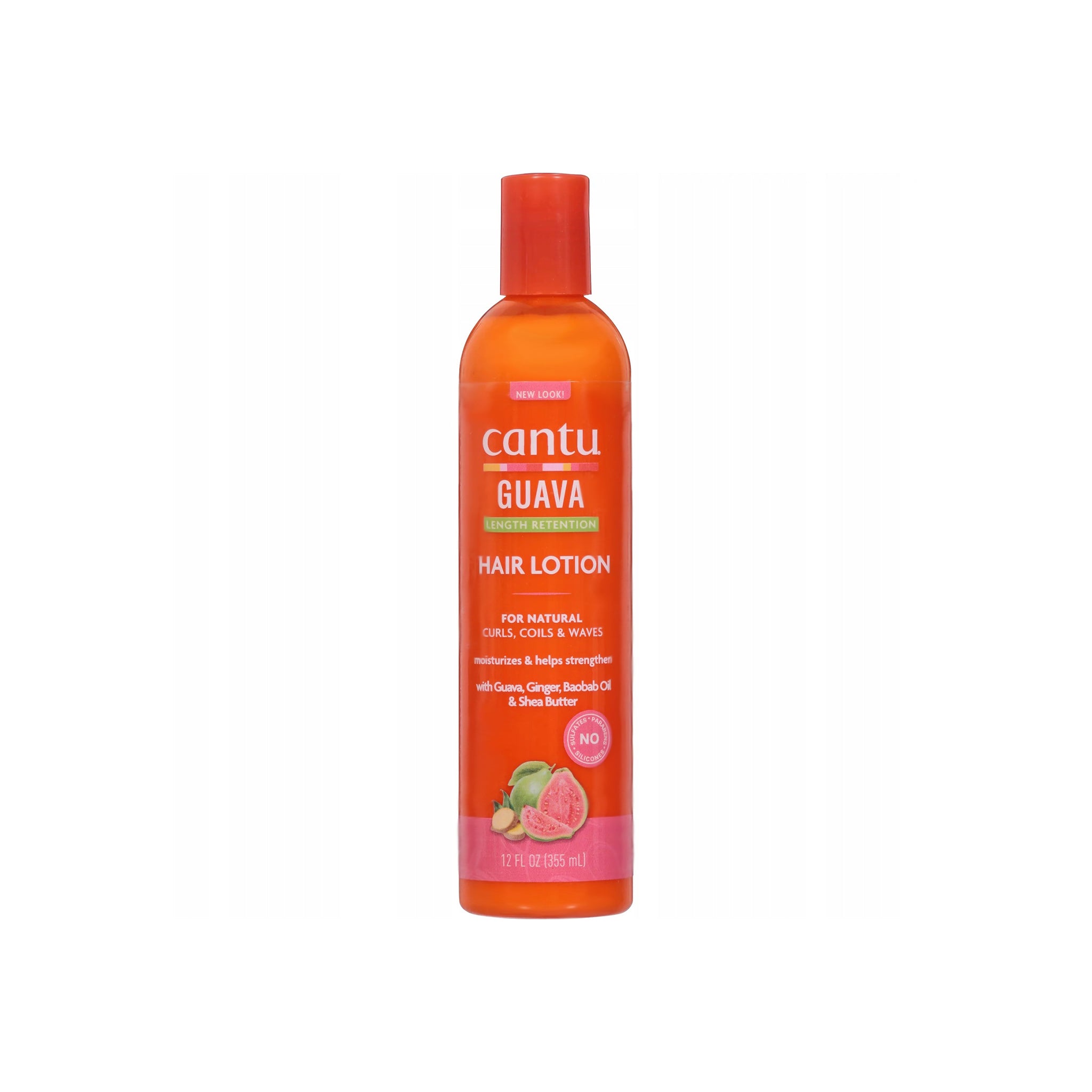 Orange flaske med rød top indeholdende Cantu Guava & Ginger Baobab Oil Daily Hair Lotion.