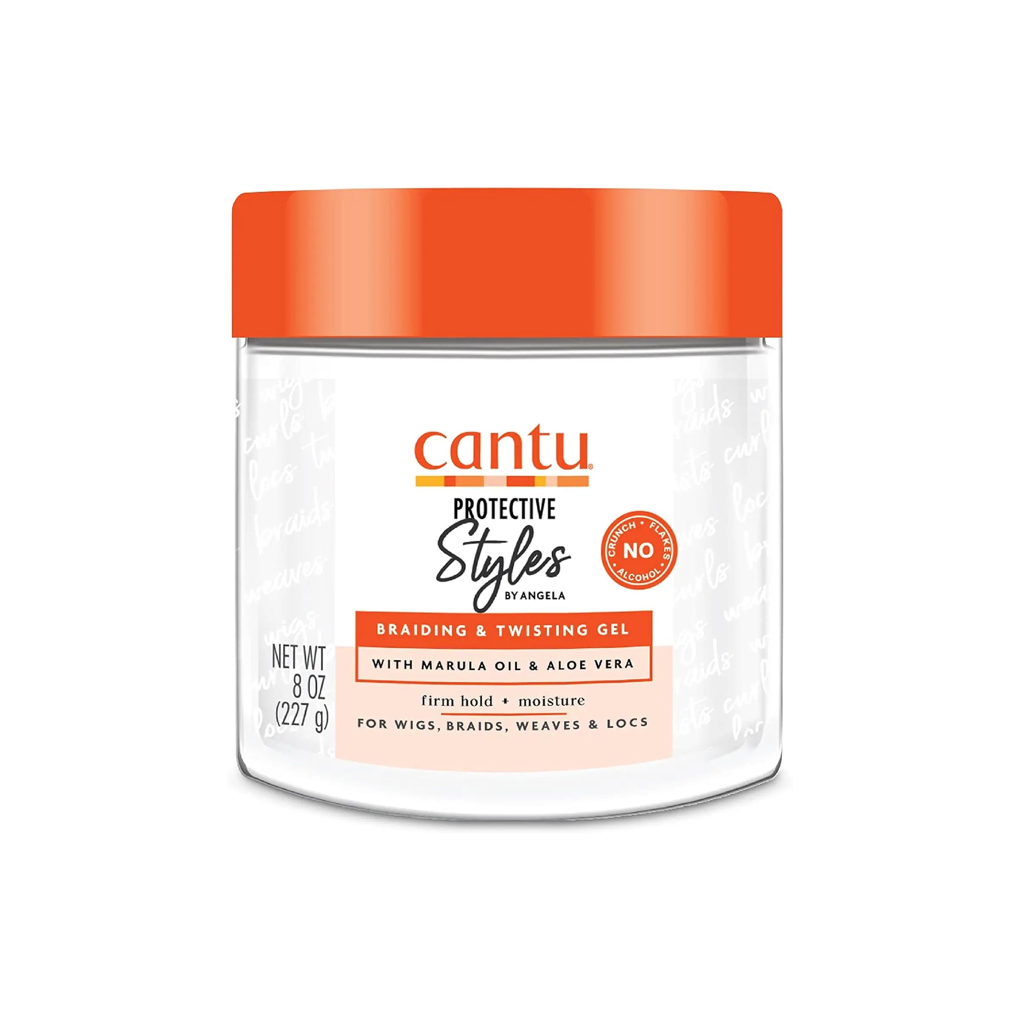 Klar beholder med orange låg indeholdende Cantu Protective Styles Braiding & Twisting Gel.