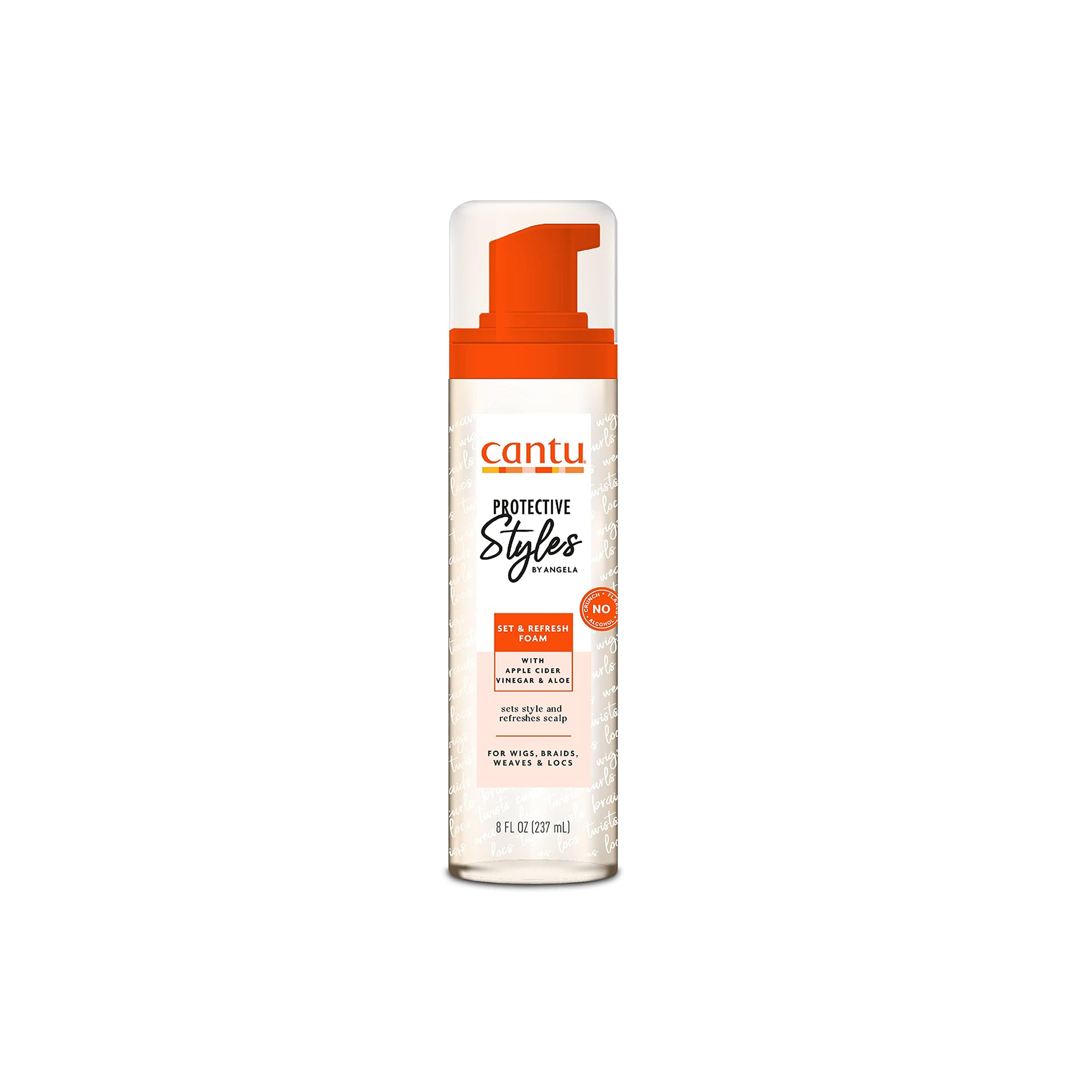 Hvid flaske med orange pumpe indeholdende Cantu Protective Styles Set & Refresh Foam.