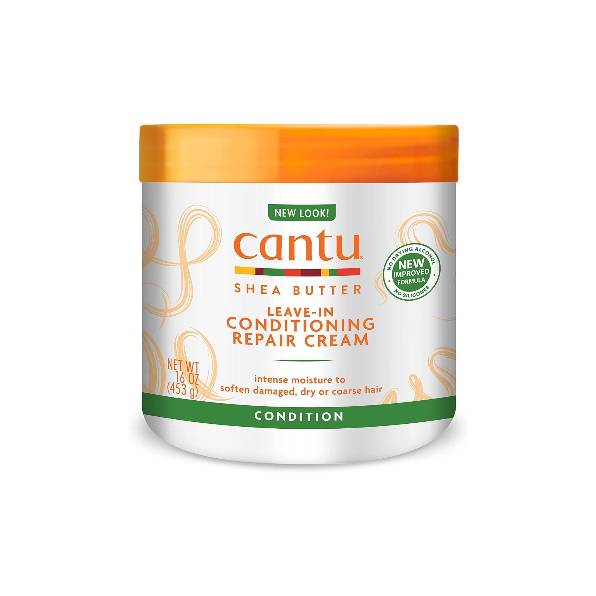 Hvid beholder med orange låg indeholdende Cantu Shea Butter Leave-In Conditioning Repair Cream.