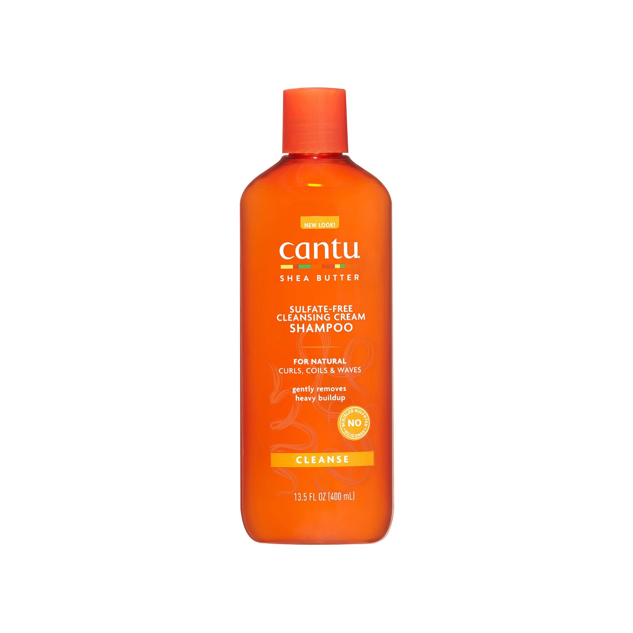 Orange flaske med Cantu Shea Butter Sulfate-Free Cleansing Cream Shampoo (400 ml) til naturlige krøller, coils og bølger.