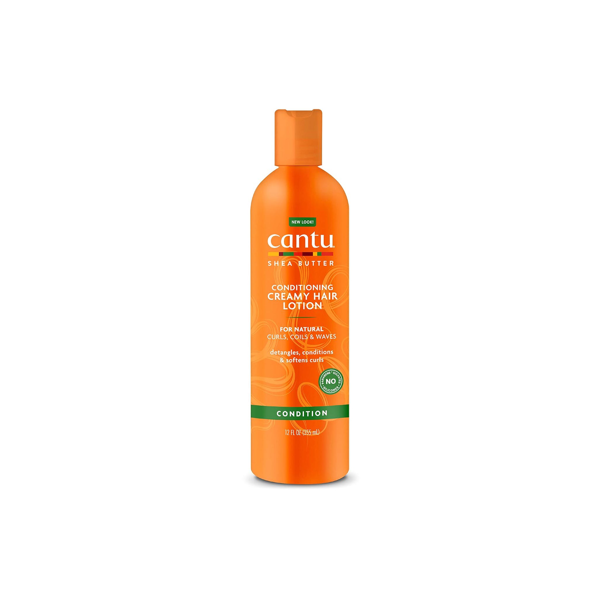 Orange flaske med Cantu Shea Butter Conditioning Creamy Hair Lotion. 