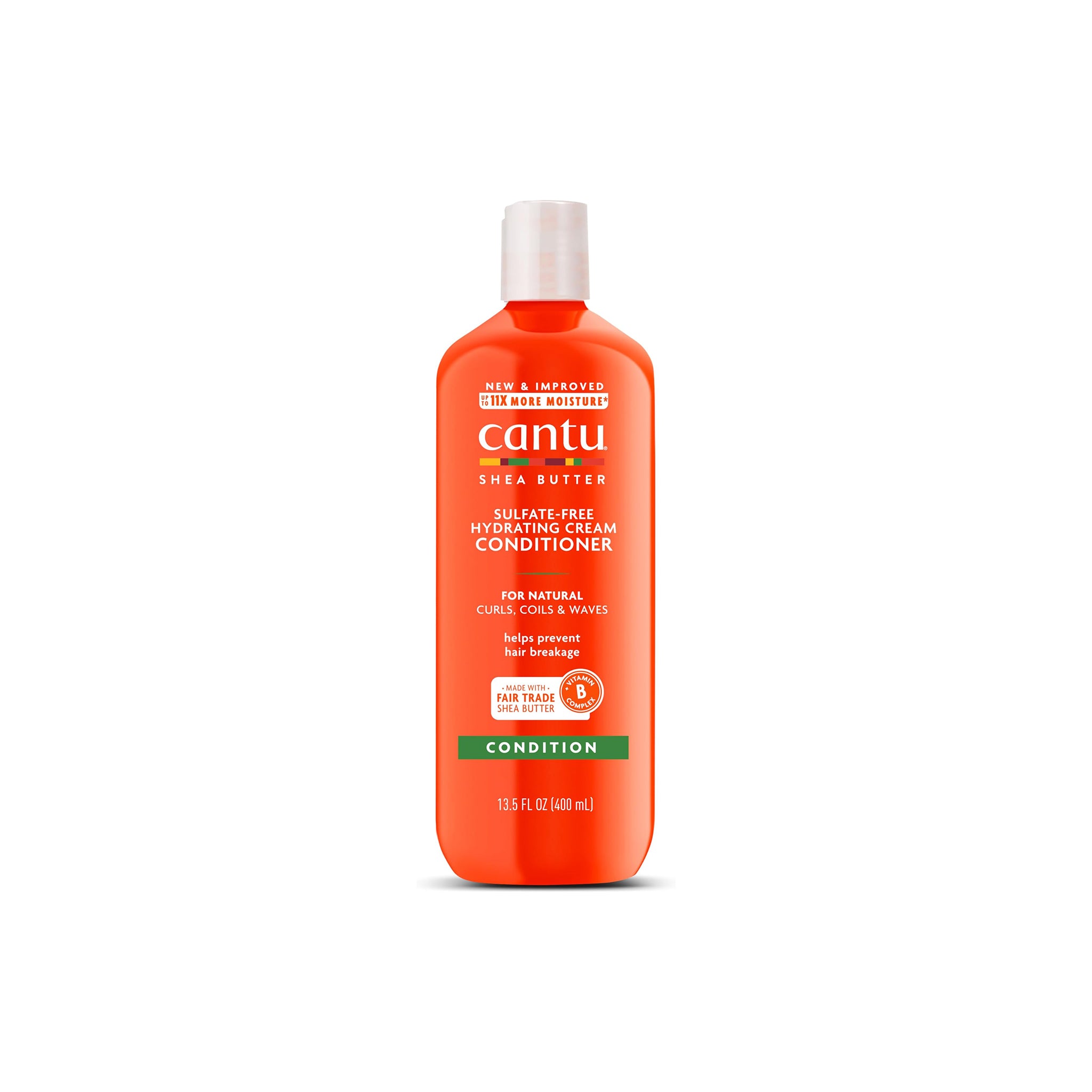 Orange flaske med hvidt låg med Cantu Shea Butter Hydrating Cream Conditioner.