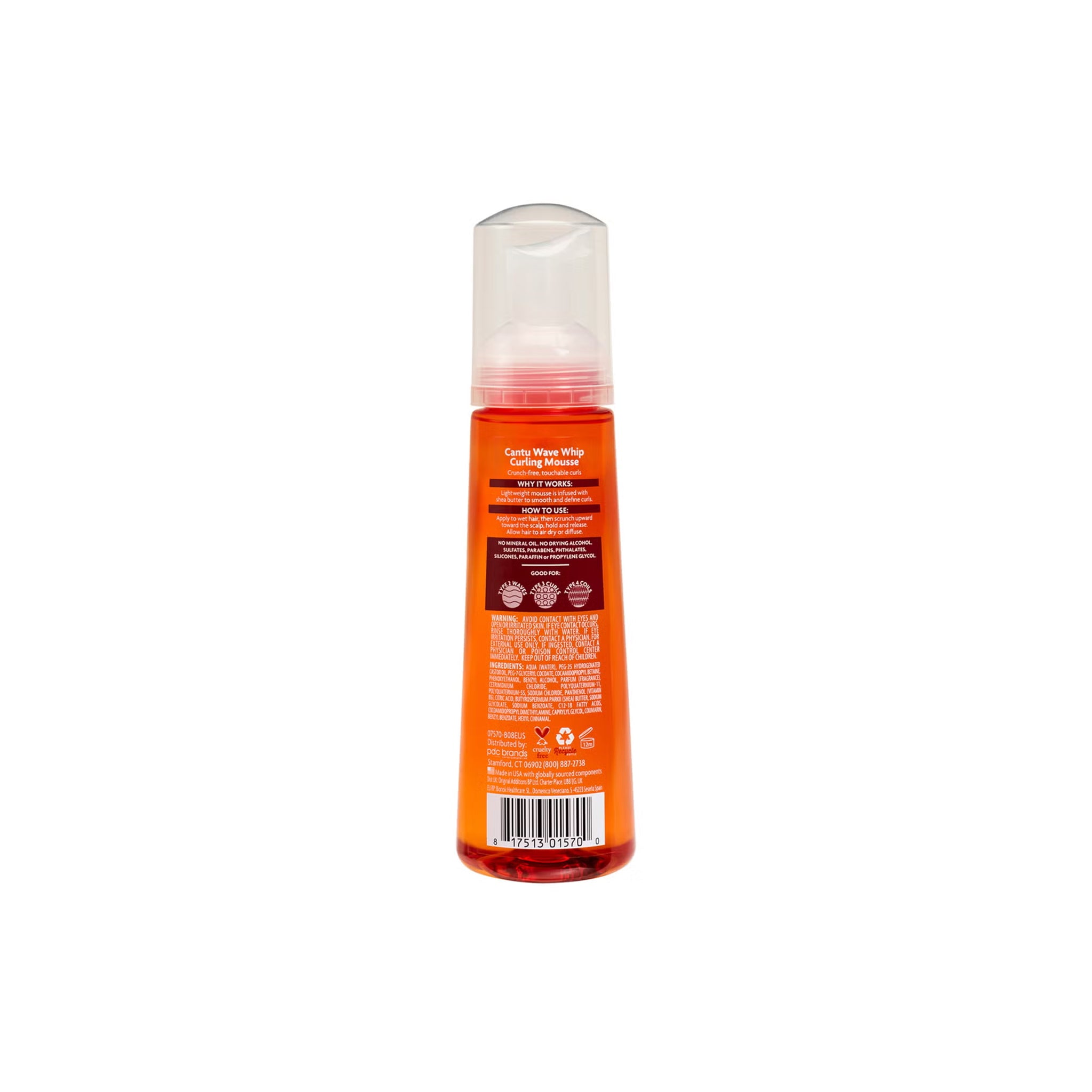 Bagside af flaske med Cantu Shea Butter Wave Whip Curling Mousse, der viser ingredienser og brugsanvisning.