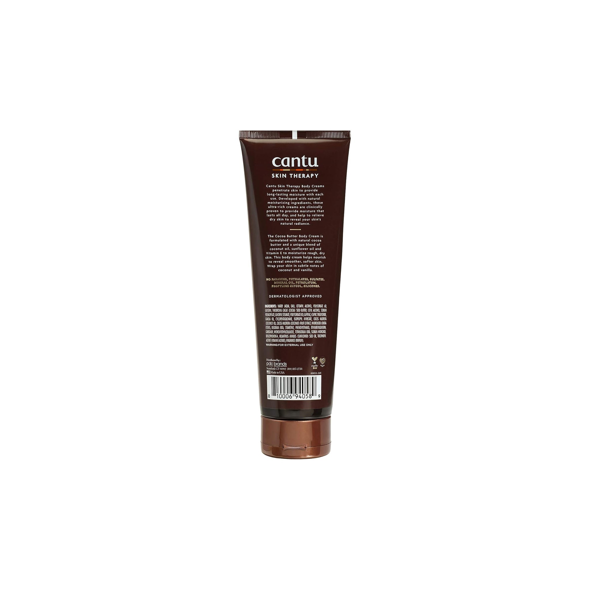 Bagside af tube med Cantu Skin Therapy Cocoa Butter Hydrating Body Cream, der viser ingredienser og brugsanvisning.