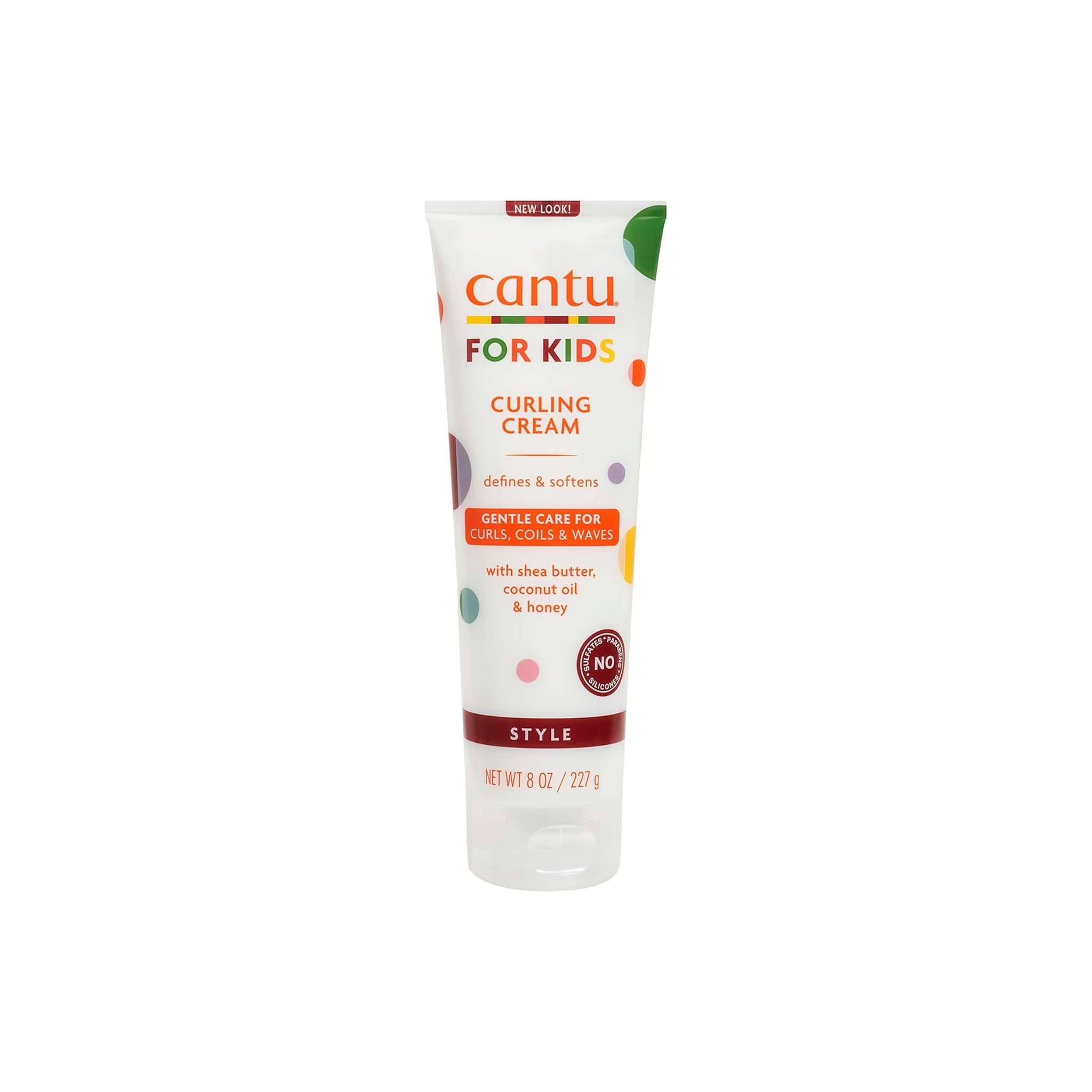Cantu Care For Kids Curling Cream 227gr tube med farverige prikker, beriget med sheasmør, kokosolie og honning til børnekrøller.
