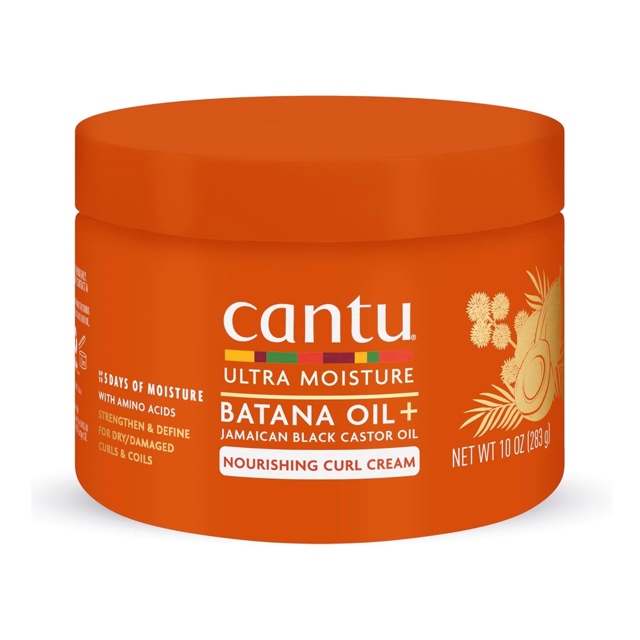 Orange dåse Cantu Ultra Moisture Batana Oil+ Nourishing Curl Cream med Jamaican Black Castor Oil, 283 g.