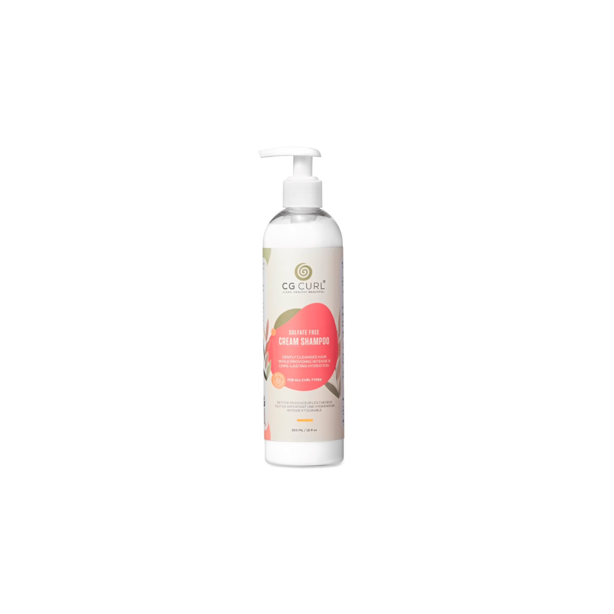 Flaske med CG Curl Sulfate-Free Cream Shampoo med hvid pumpe.