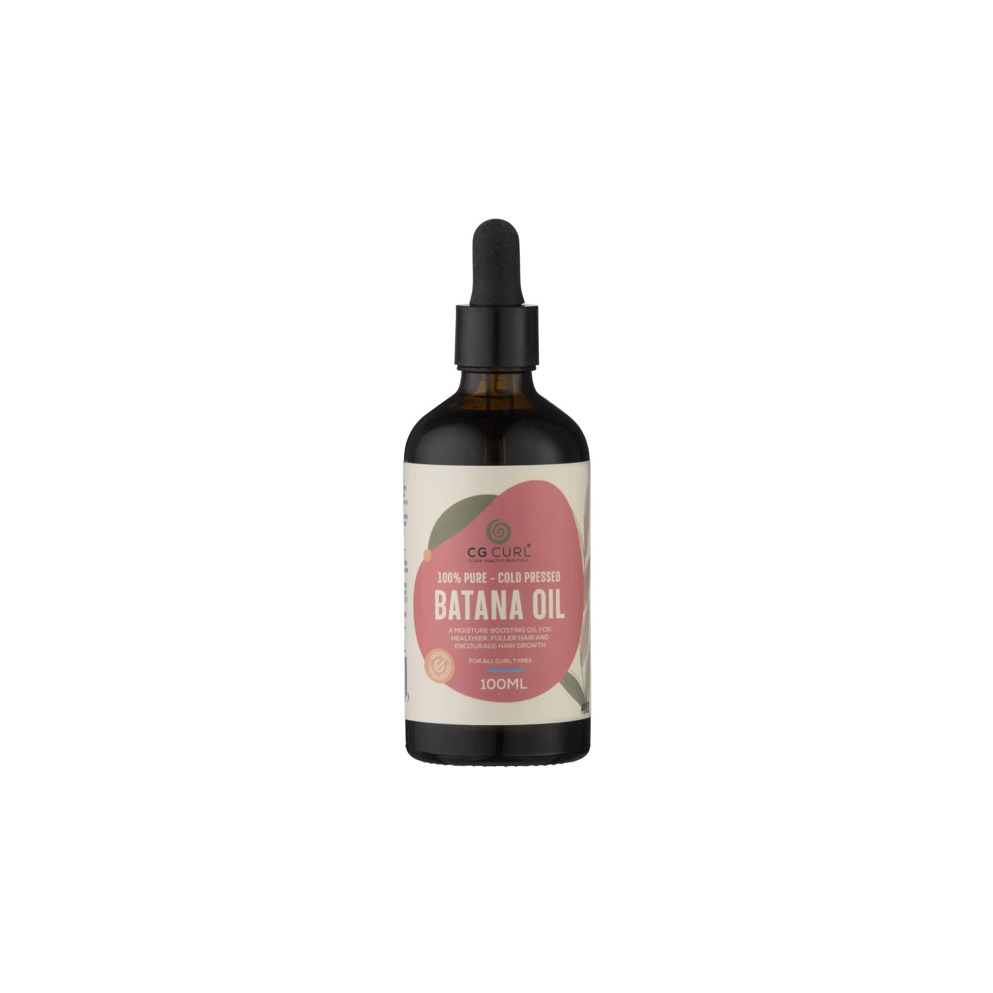 Mørk glasflaske med CG Curl 100% Pure Cold Pressed Batana Oil 100ml med pipette og naturinspireret etiket.