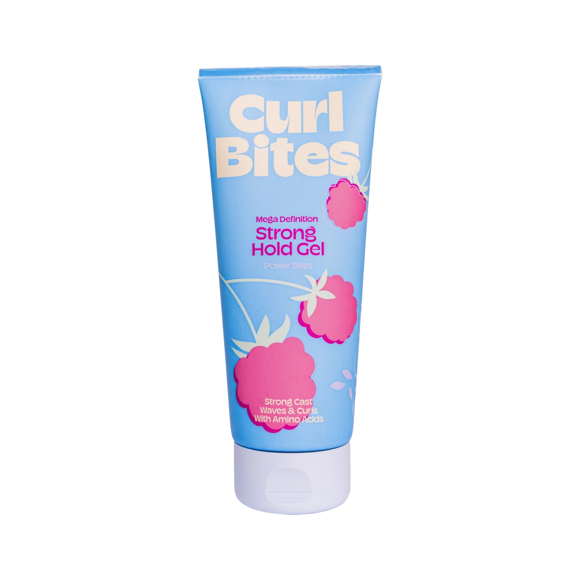 Curl Bites Strong Hold Gel i blå tube med hvidt låg, dekoreret med pink hindbær og hvide blade.