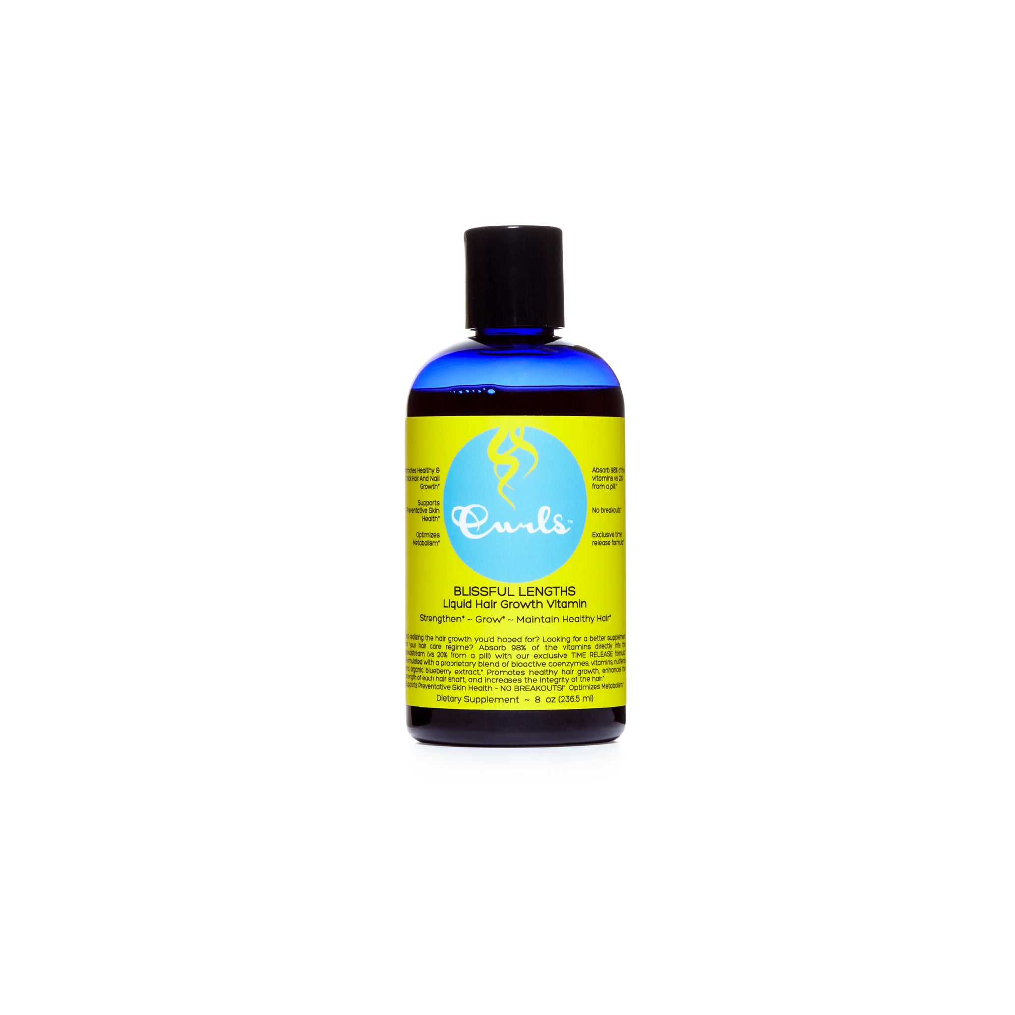 Flaske med Curls Blissful Lengths Liquid Hair Growth Vitamin med gul etiket og sort låg.