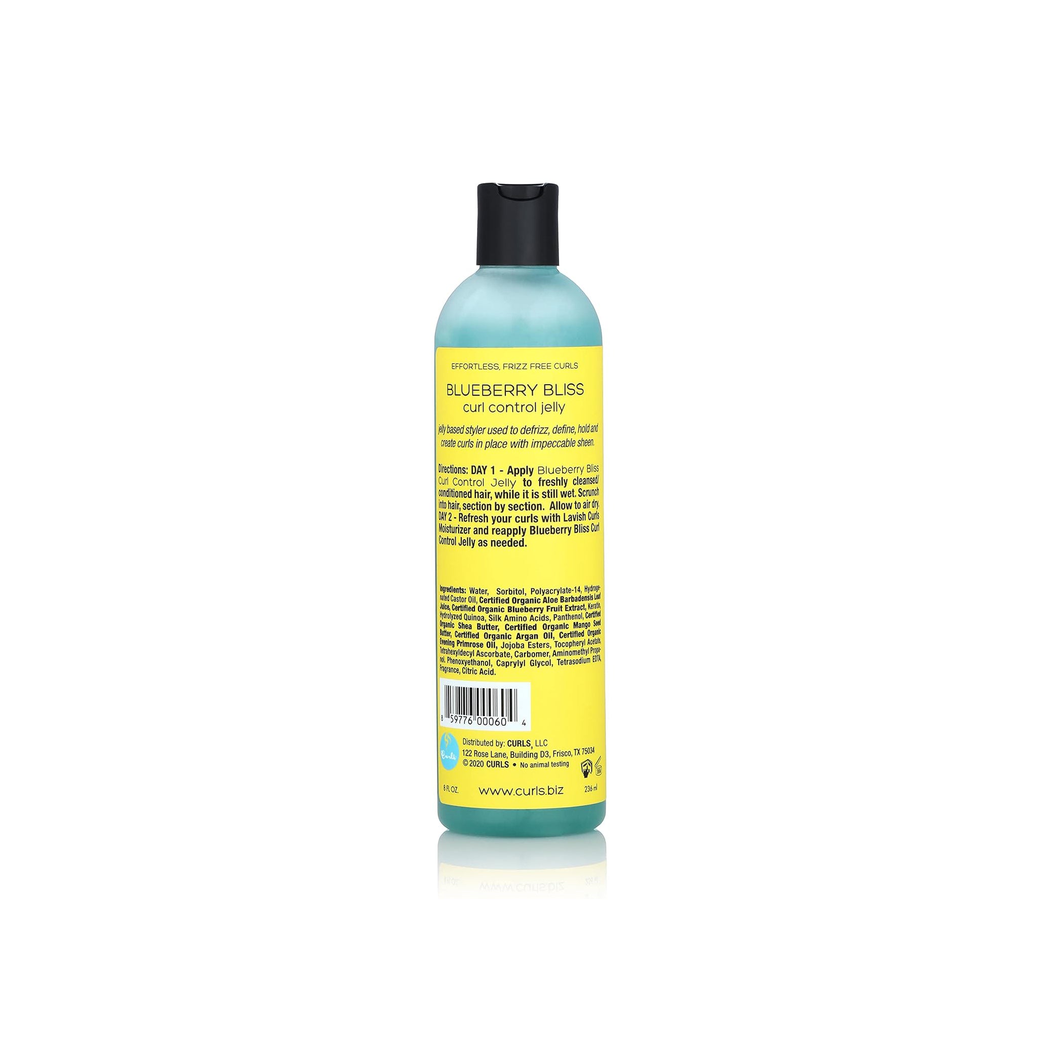 Nærbillede af bagsiden af en flaske Curls Blueberry Bliss Curl Control Jelly, der viser brugsanvisning, ingredienser og anden produktinformation.
