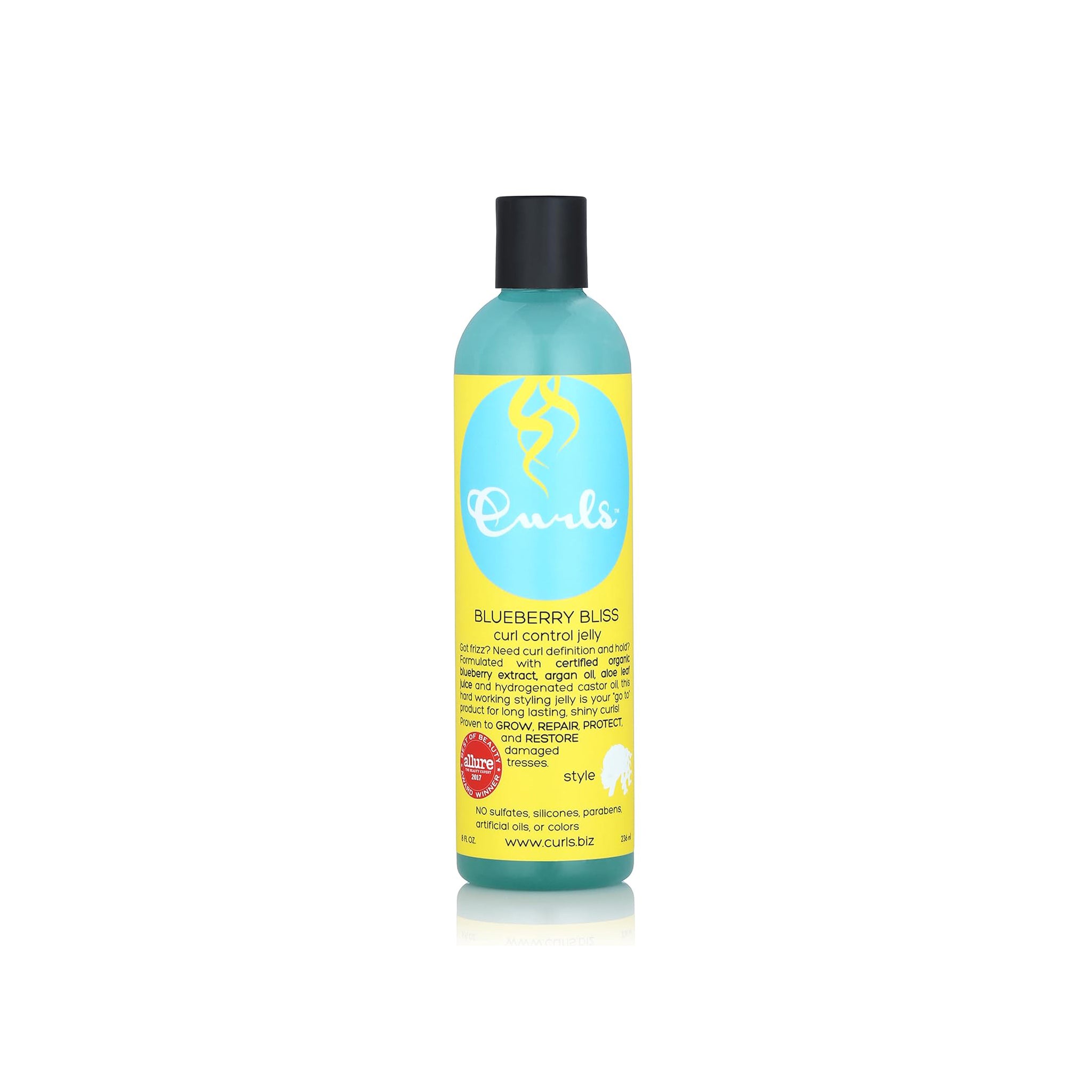 Flaske med Curls Blueberry Bliss Curl Control Jelly med gul etiket og sort låg.