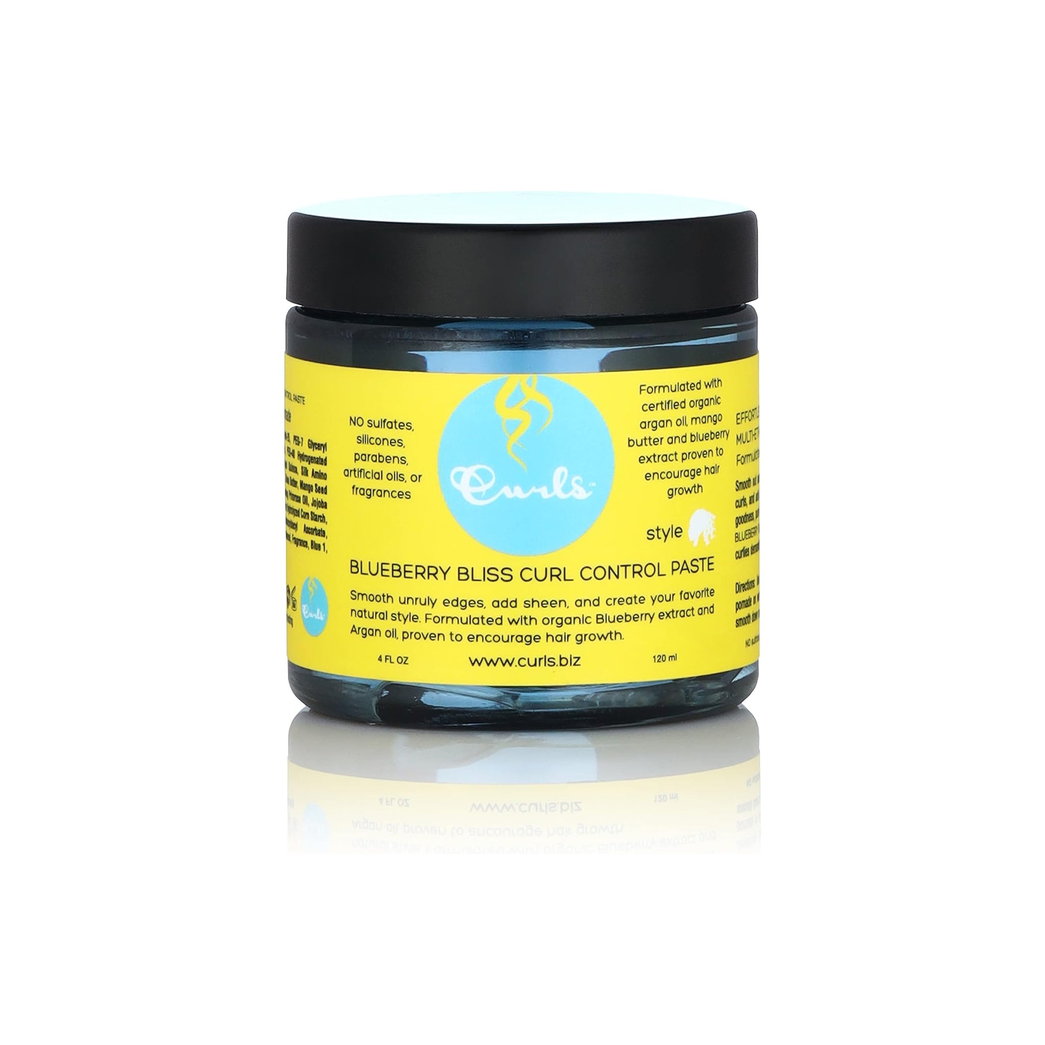 Beholder i plast med Curls Blueberry Bliss Curl Control Paste, gul etiket med produktinformation og sort låg, ideel til krølledefinering.