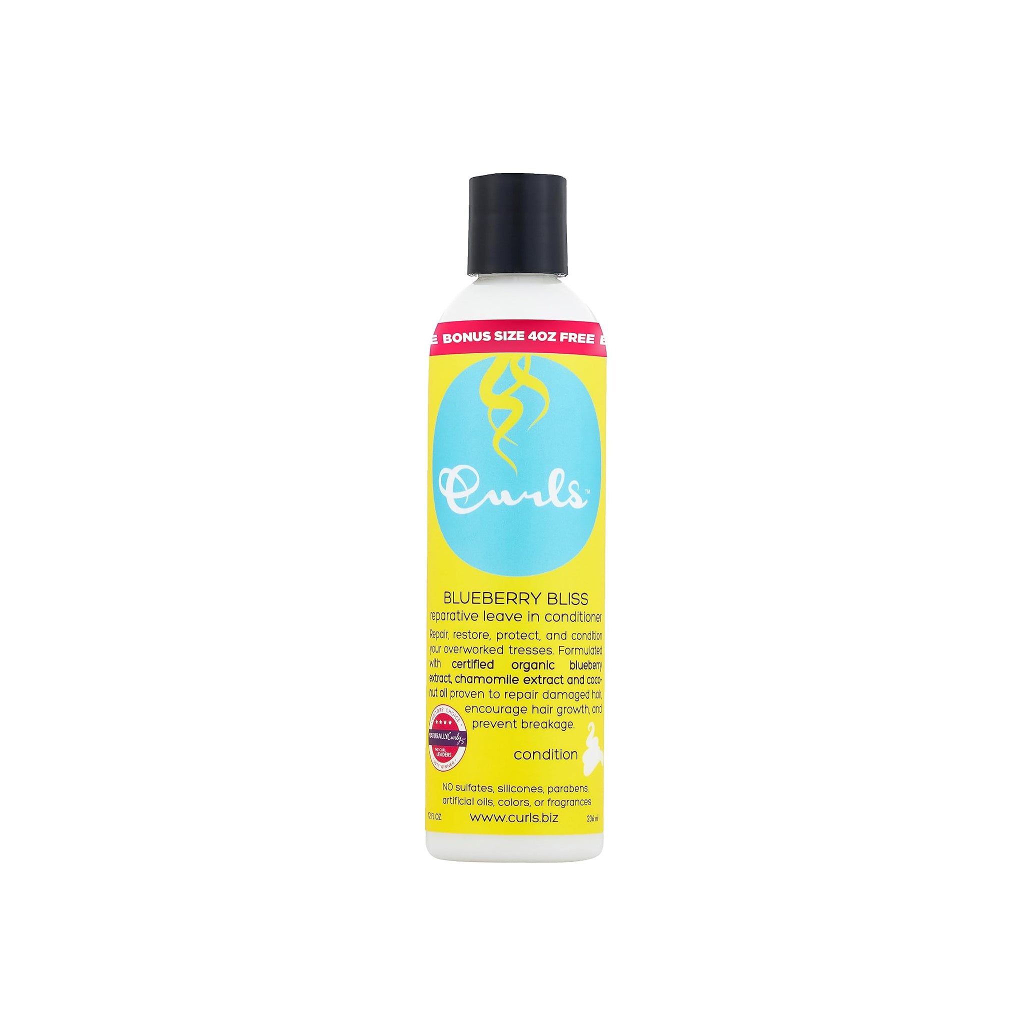 Curls Blueberry Bliss Reparative Leave-In Conditioner (236 ml + bonusstørrelse). Hvid flaske med lyseblå etiket og sort låg.