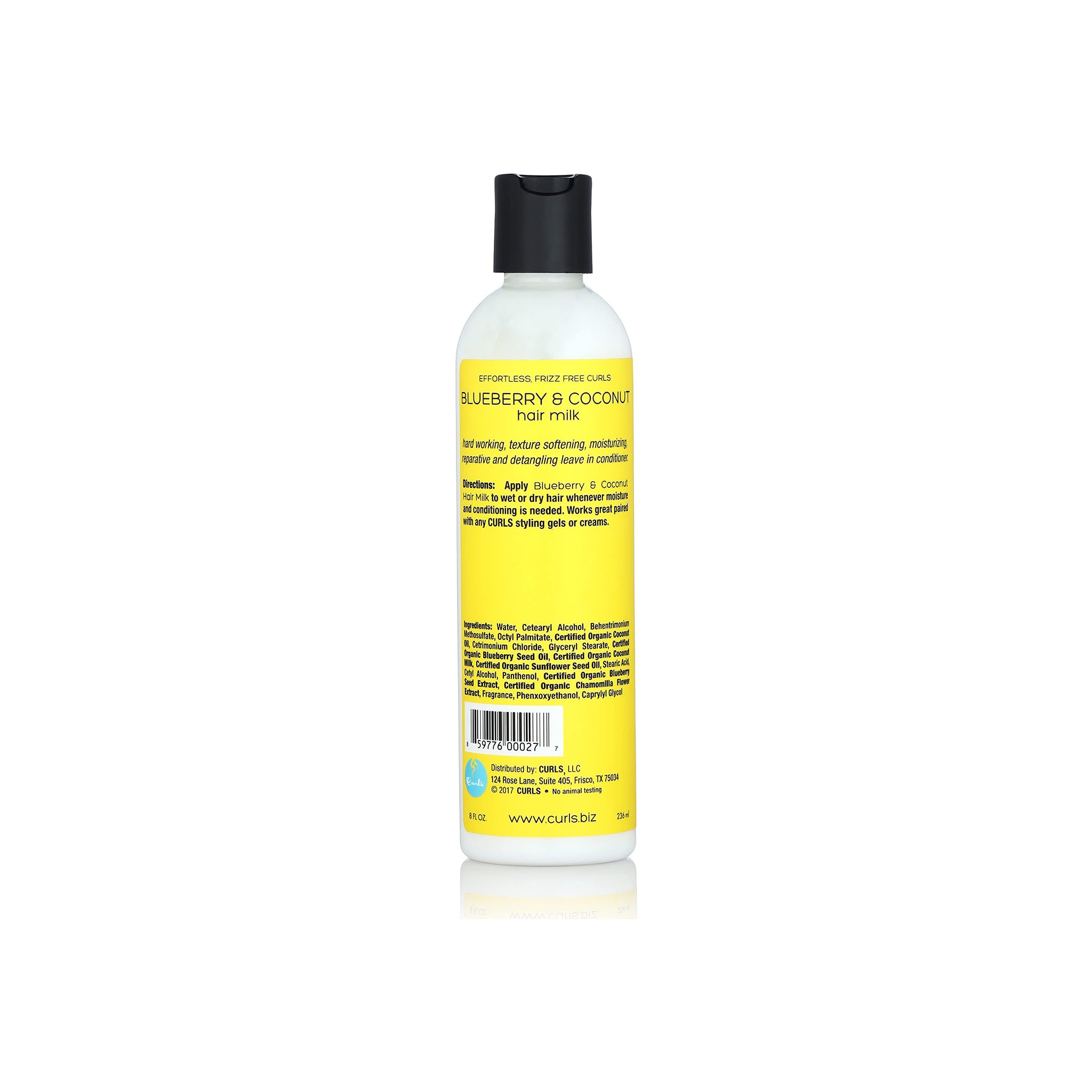 Flaske med Curls Blueberry & Coconut Hair Milk, 236 ml, set bagfra med gul etiket og sorte detaljer, der viser produktbeskrivelse og ingredienser.