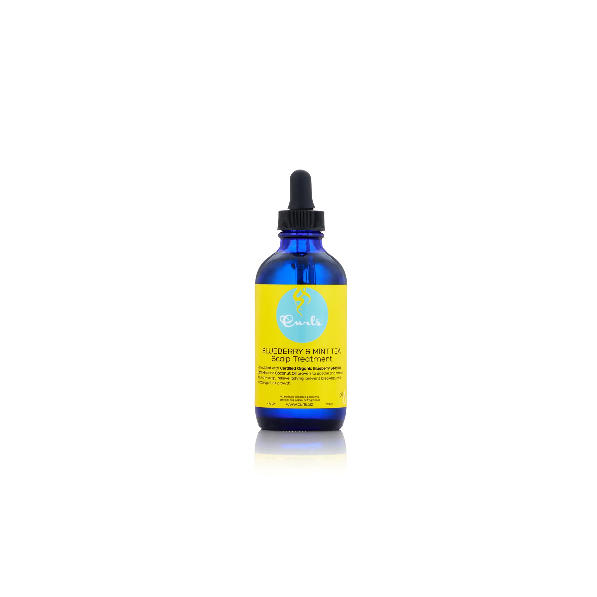Flaske med Curls Blueberry & Mint Tea Scalp Treatment med pipette.