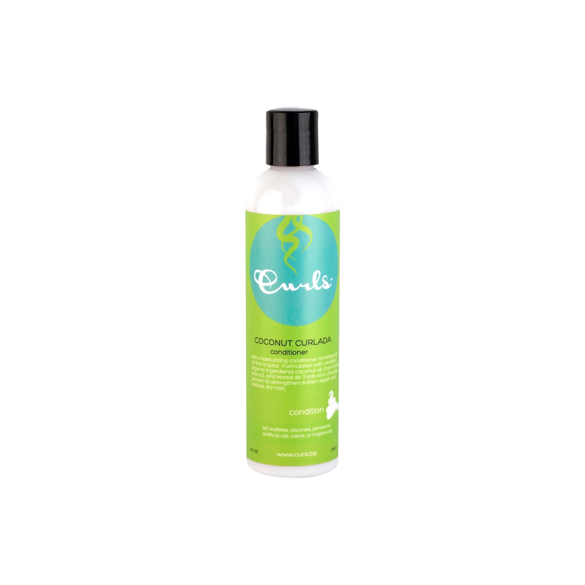 Curls Coconut Curlada Conditioner (240 ml). Hvid flaske med grøn etiket og sort låg. Balsam med kokosnød til krøllet hår.