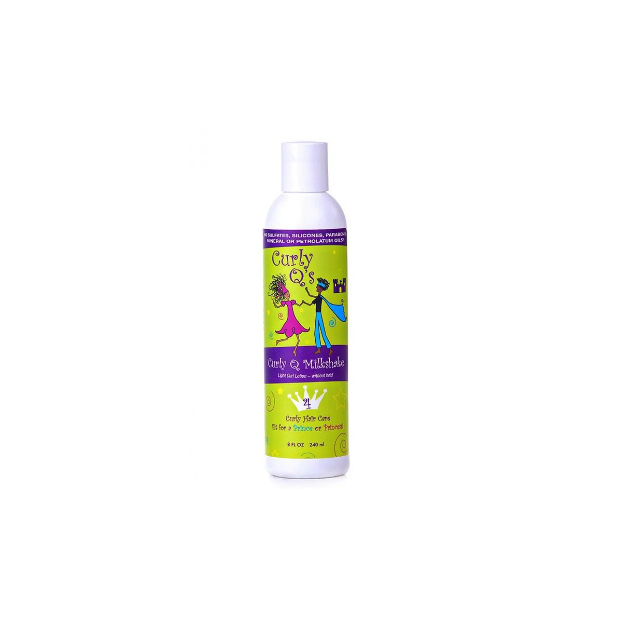Curls Curly Q's Milkshake Curl Lotion til fint krøllet hår (240 ml). Hvid flaske med grøn, lilla og lyserød etiket med tegneseriefigurer.