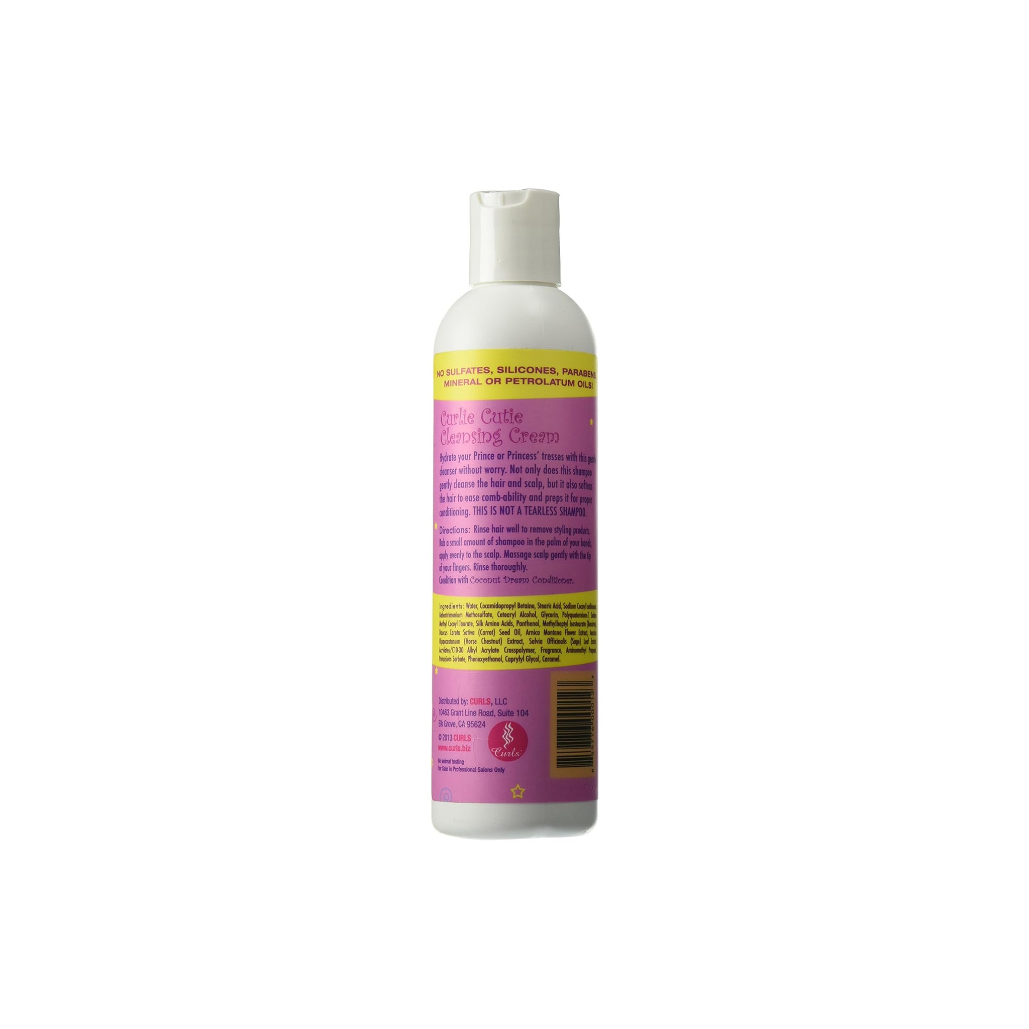 Bagsiden af Curls Curly Q's Curlie Cutie Cleansing Cream (240 ml). Hvid flaske med lyserød og lilla etiket med ingrediensliste.