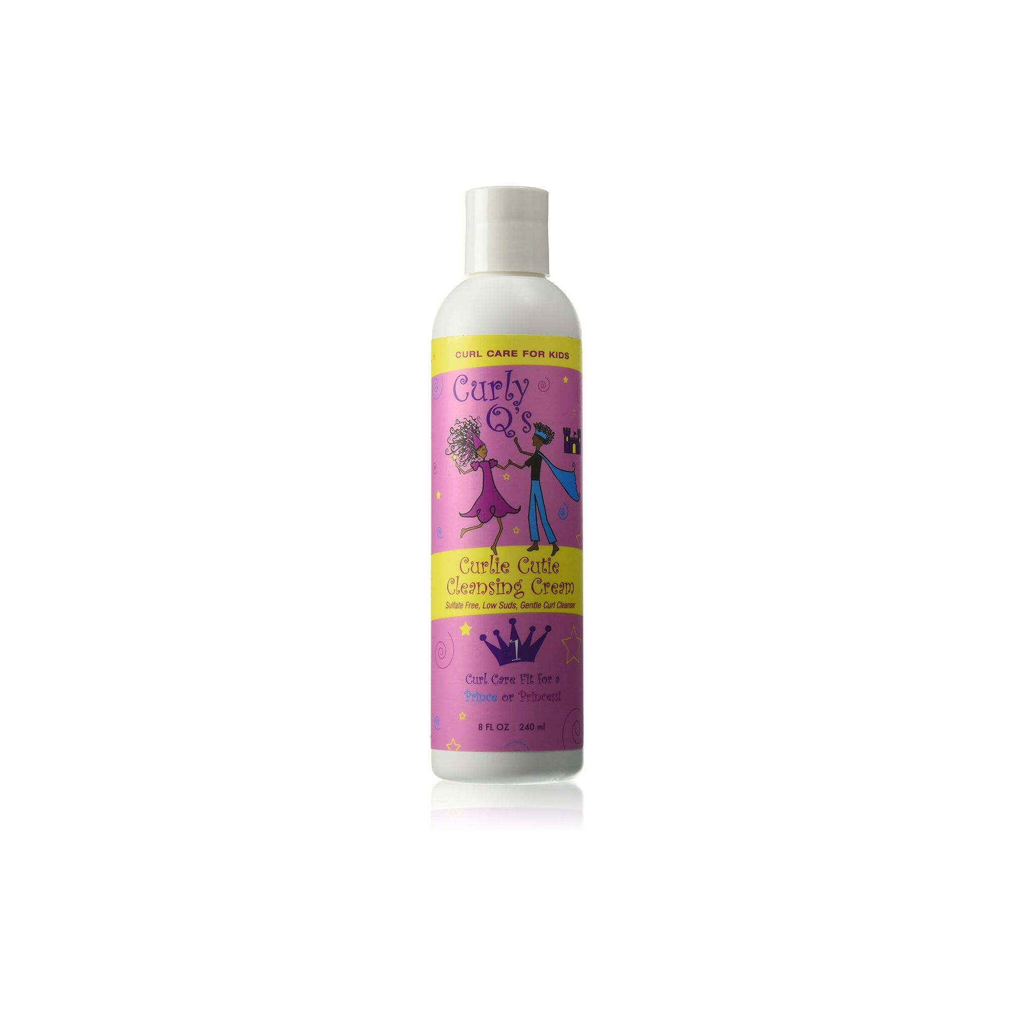 Curls Curly Q's Curlie Cutie Cleansing Cream (240 ml). Hvid flaske med lyserød og lilla etiket med tegneseriefigurer.