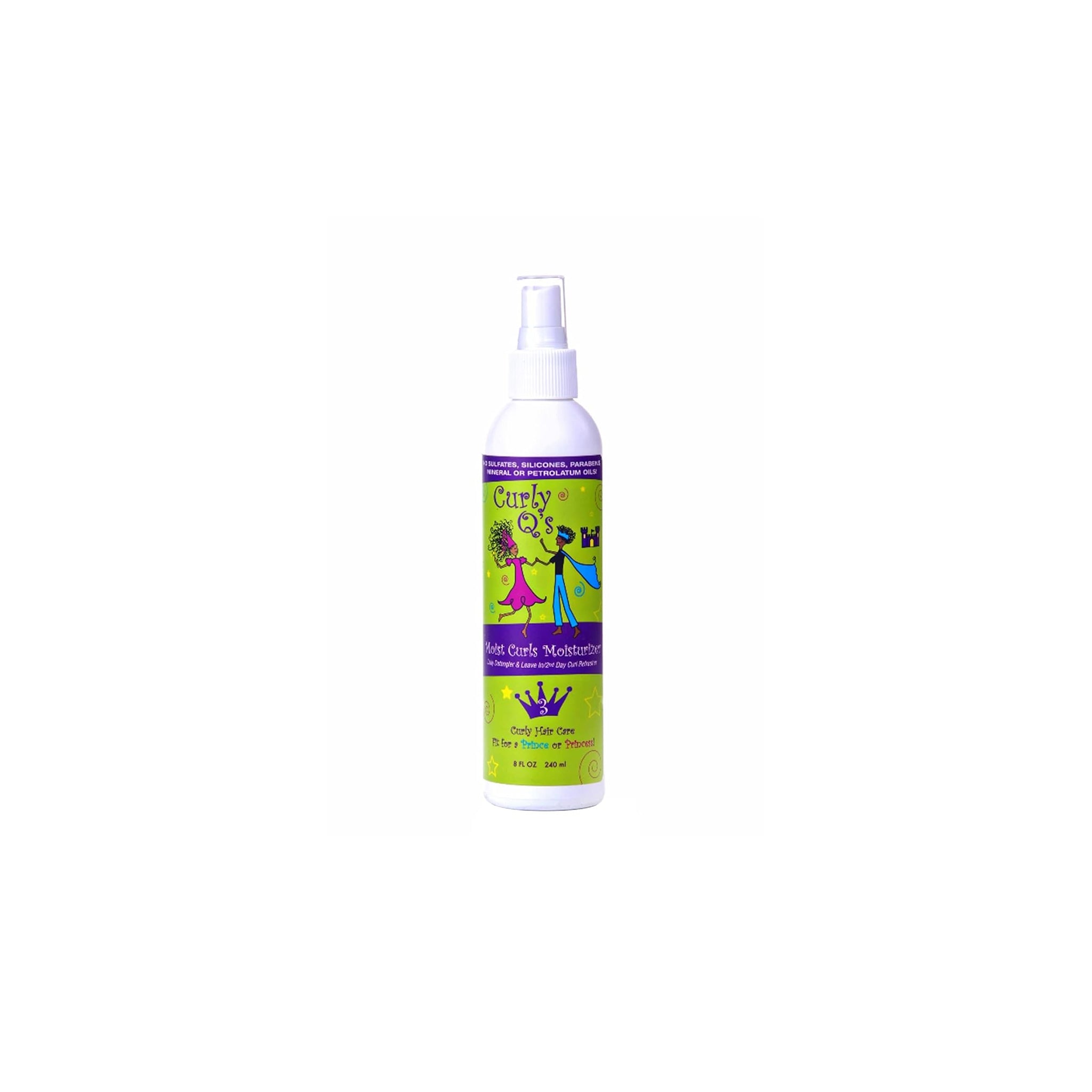 Curls Curly Q's Moist Curls Moisturizer and Detangler (240 ml). Hvid sprayflaske med farverig etiket med tegneseriefigurer.