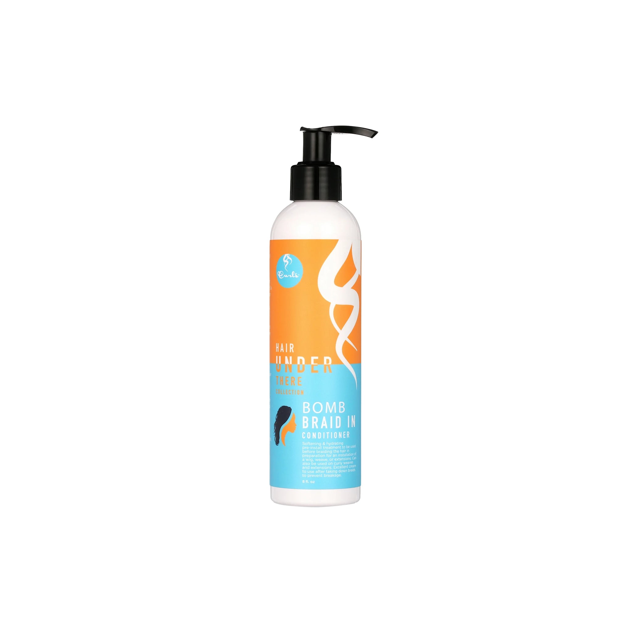 Curls Hair Under There Bomb Braid In Conditioner (236 ml). Hvid flaske med orange og turkis etiket og sort pumpe. 