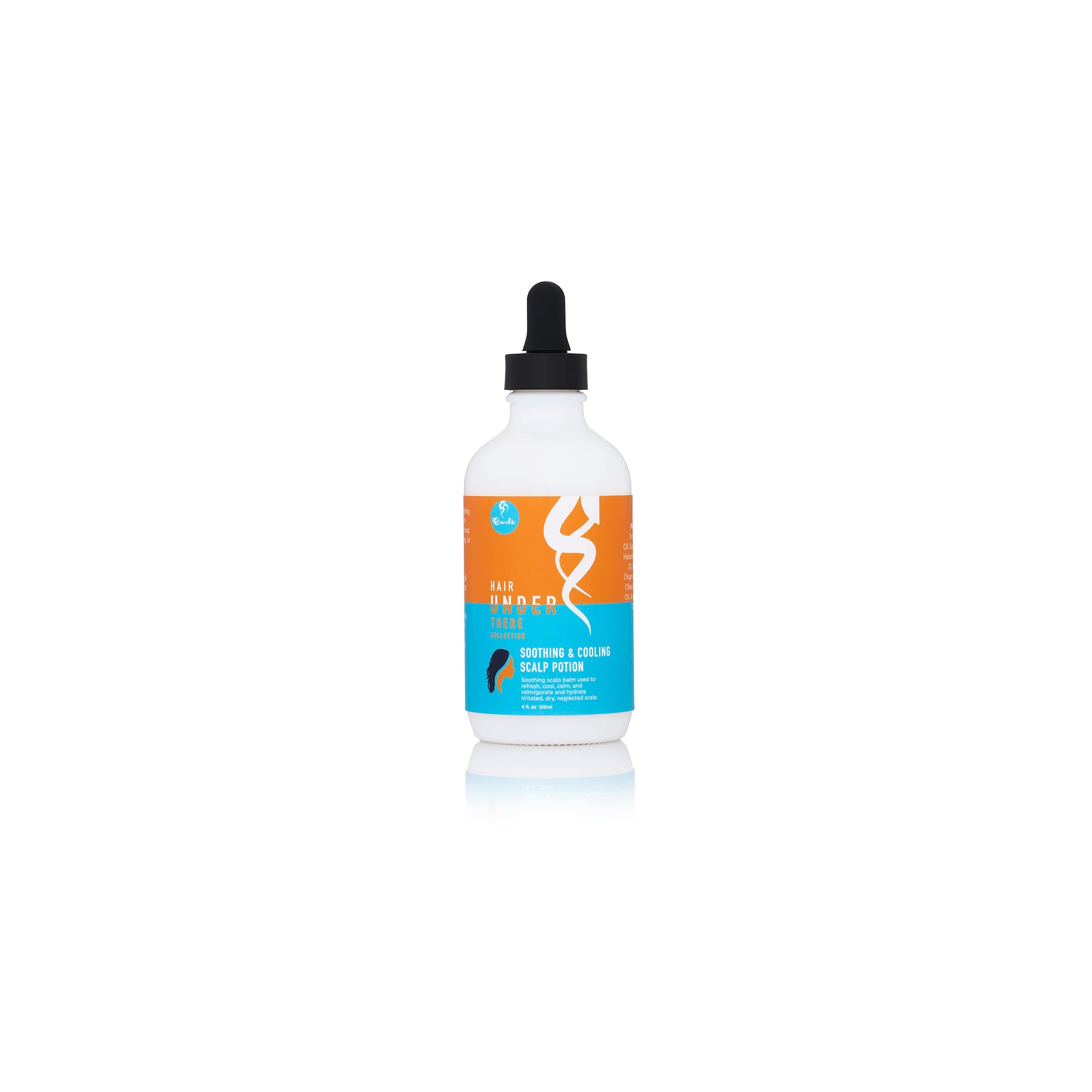 Curls Hair Under There Soothing & Cooling Scalp Potion (120 ml). Hvid flaske med orange og turkis etiket og pipette.