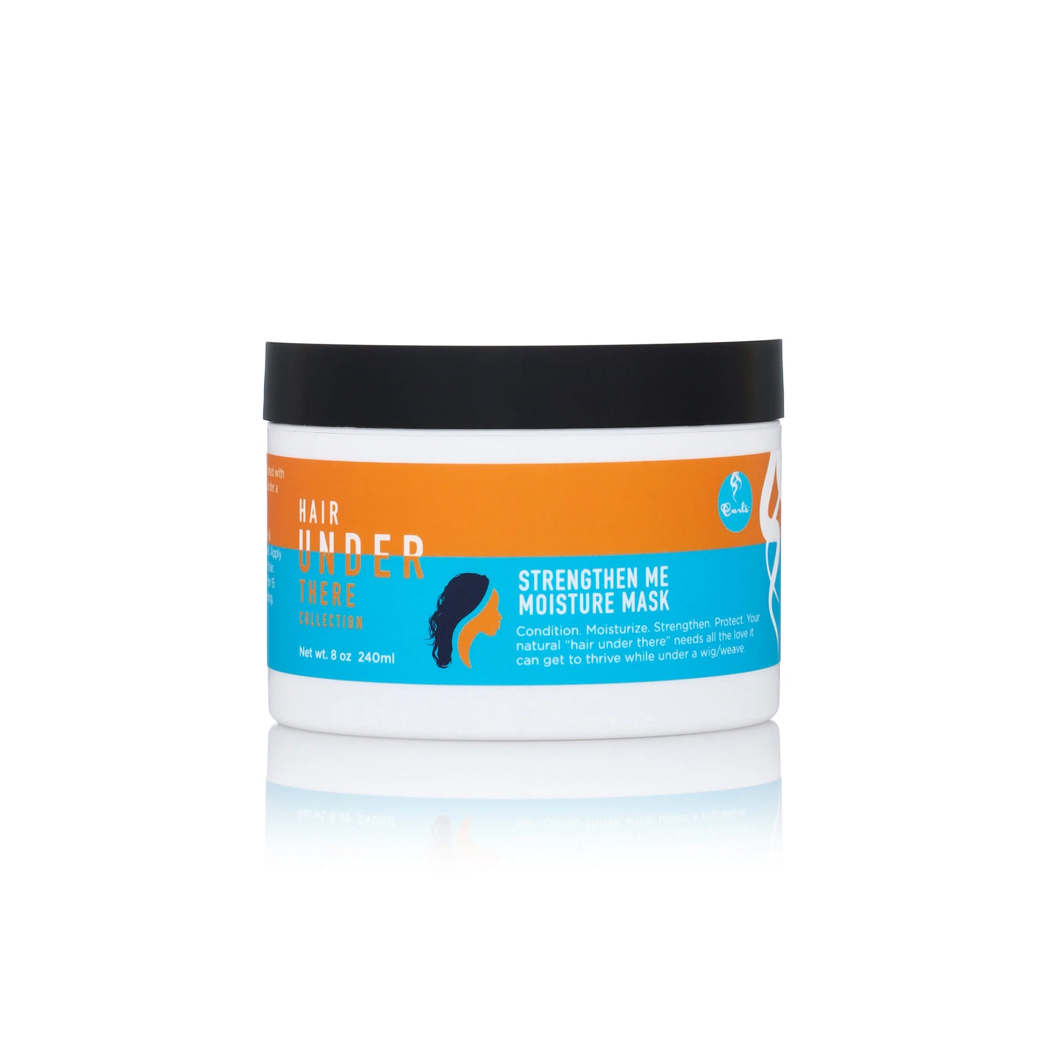Curls Hair Under There Strengthen Me Moisture Mask (240 ml). Hvid beholder med orange og blå etiket. Fugtgivende hårmaske til pleje af hår under parykker/extensions.