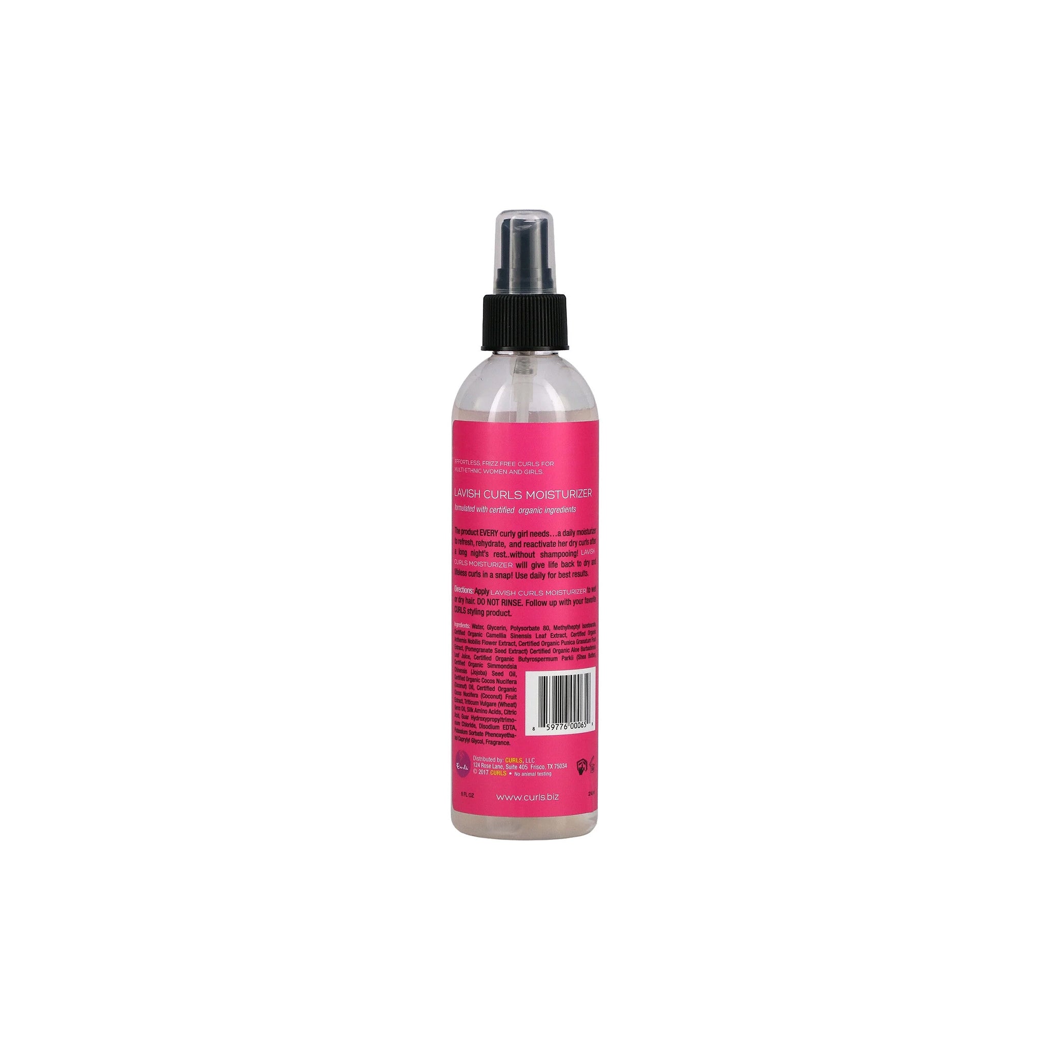 Curls Lavish Curls Moisturizer (240 ml) bagside. Klar sprayflaske med pink etiket der viser ingredienser og brugsanvisning. Fugtgivende spray til krøller.