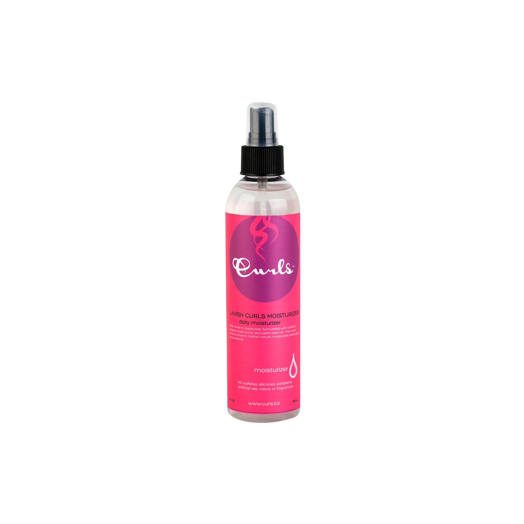 Curls Lavish Curls Moisturizer (240 ml) i klar sprayflaske med pink etiket. Fugtgivende spray til krøllet hår.