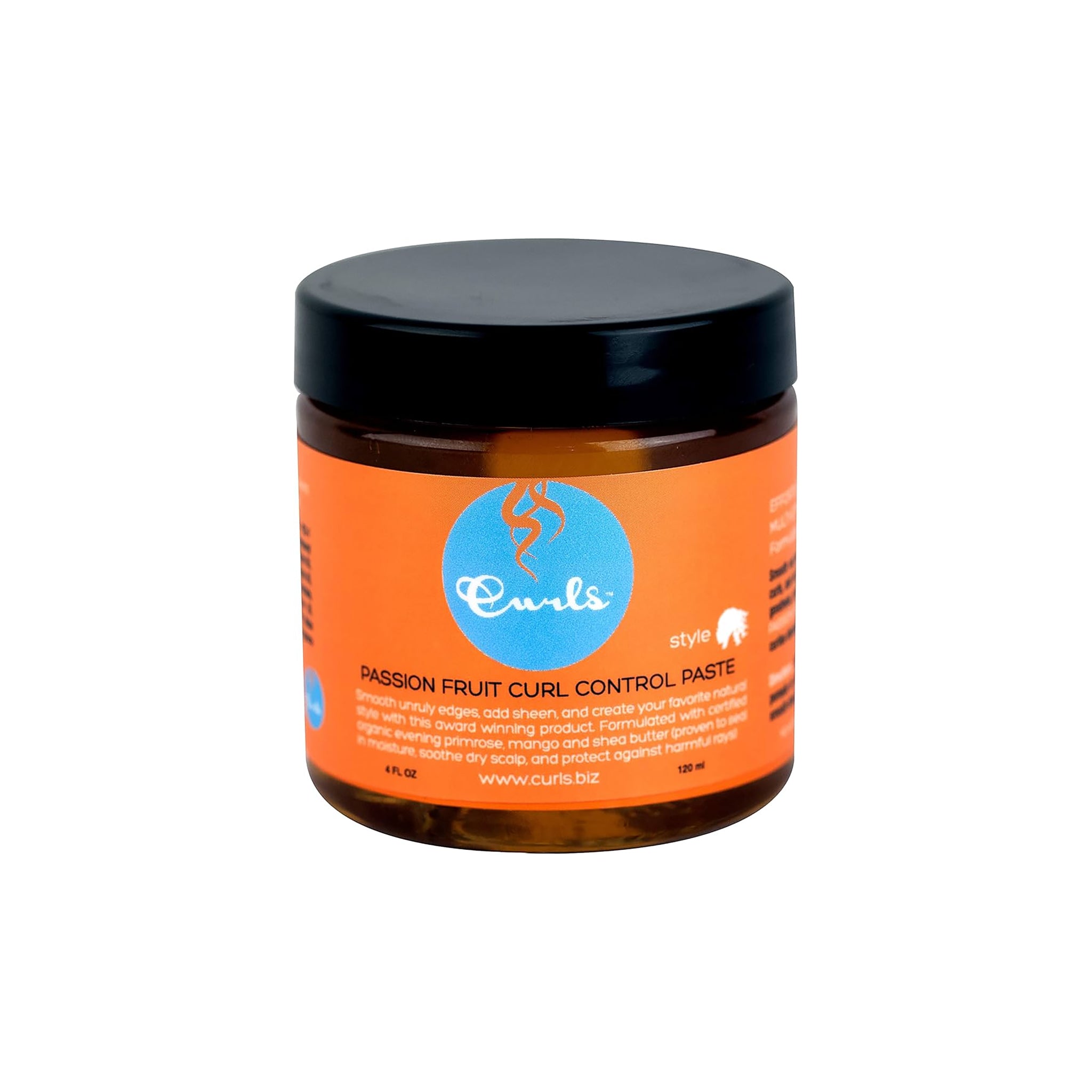 Curls Passion Fruit Curl Control Paste (120 ml) i en klar krukke med sort låg og orange etiket. Styling paste til krøller med passionsfrugt.