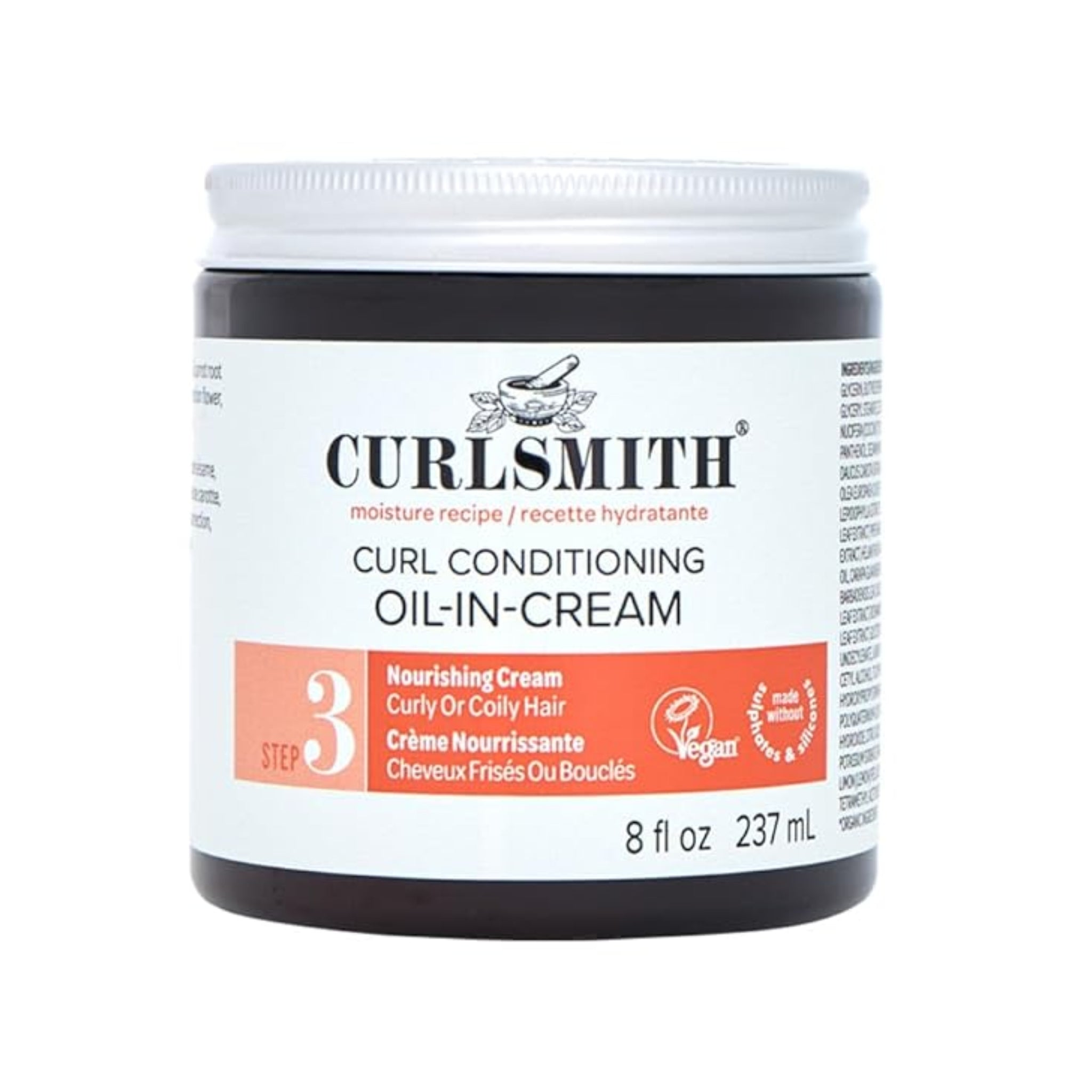 Curlsmith Curl Conditioning Oil-In-Cream, 237 ml, sort krukke med sølvlåg og hvidt/orange etiket.