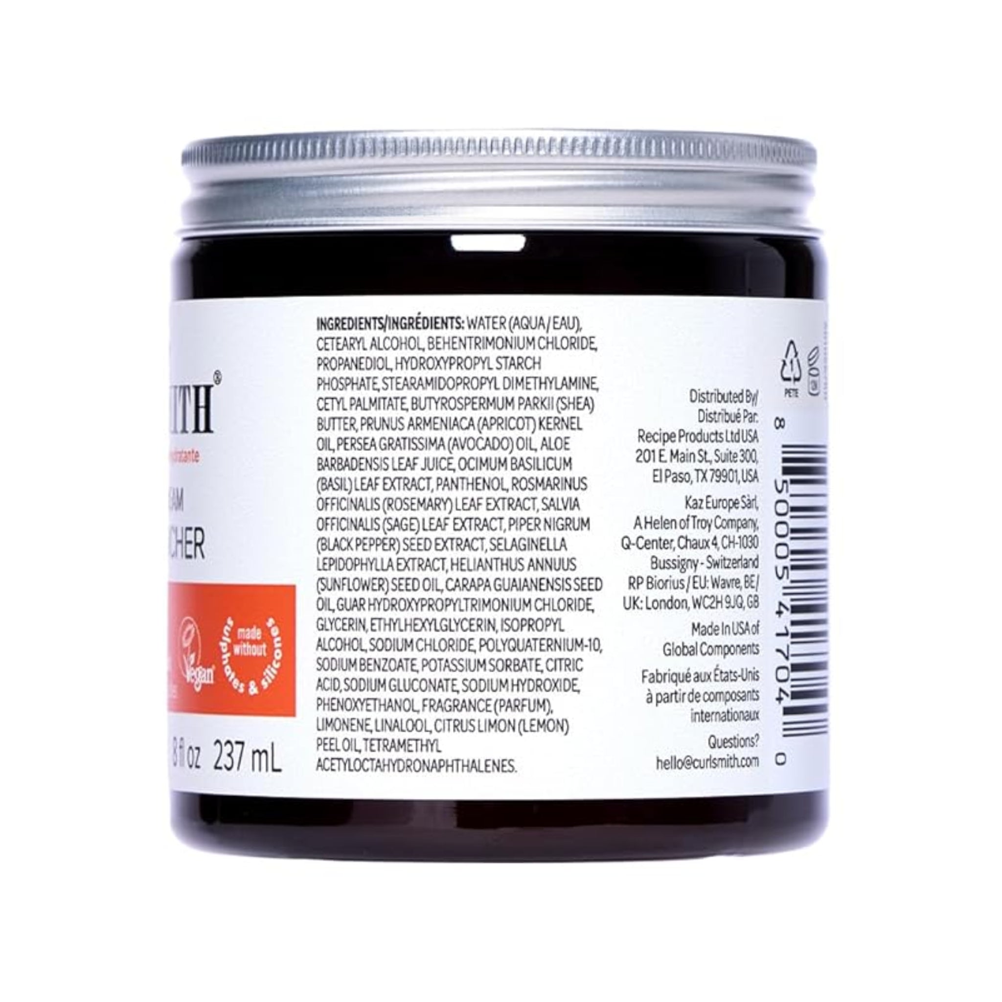 Curlsmith hårprodukt i mørk glaskrukke med sølvlåg, ingrediensliste synlig på hvidt etiket, 237 mL.