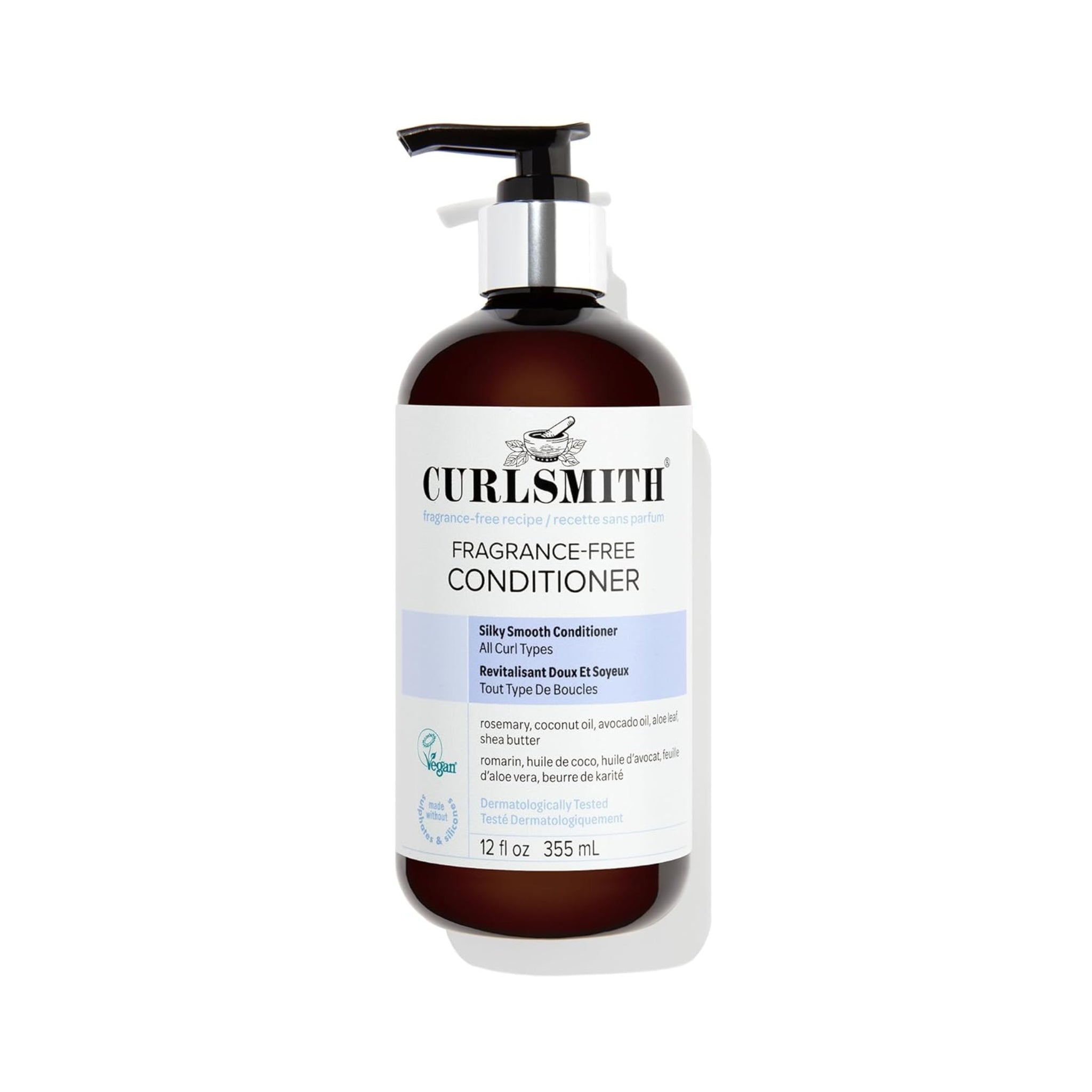 Curlsmith Fragrance-Free Conditioner i brun pumpeflaske med hvidt og blåt etiket, 355 ml.
