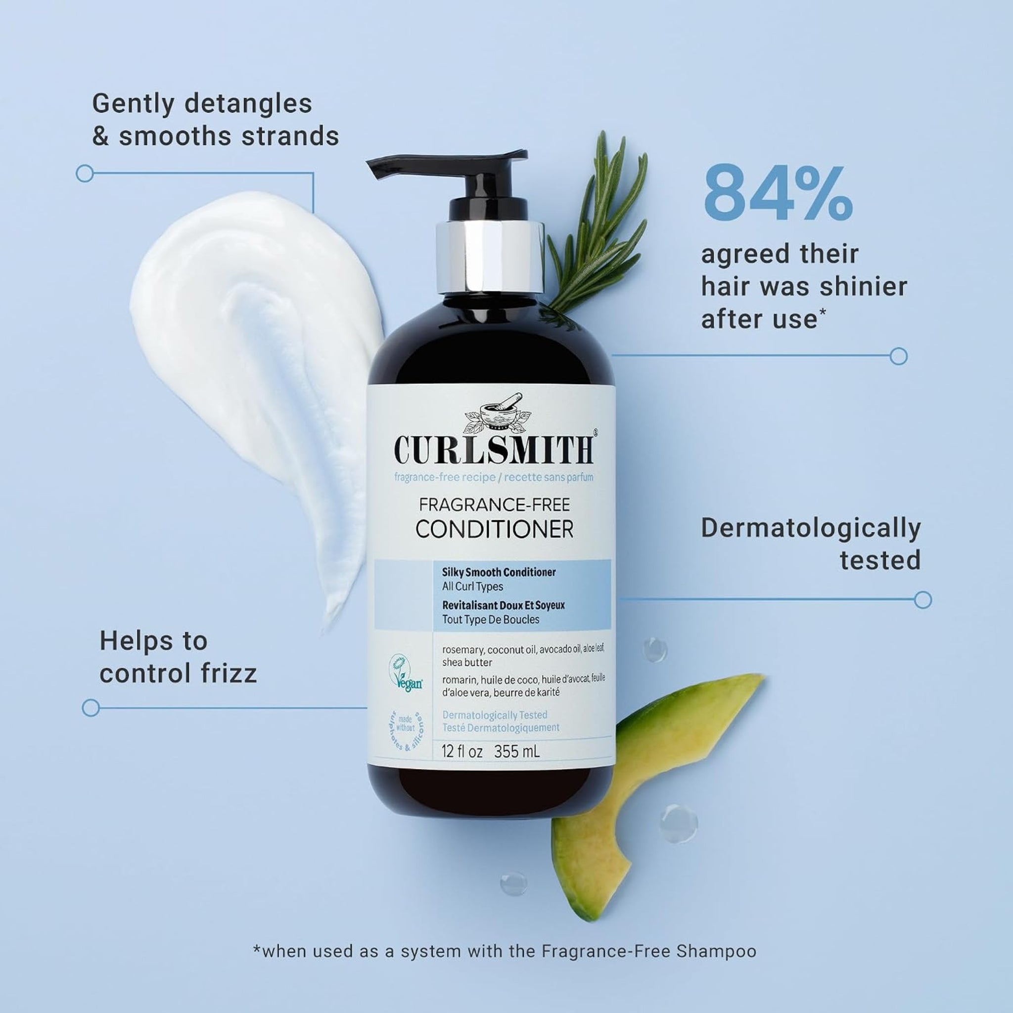 Curlsmith Fragrance-Free Conditioner-flaske med rosmarin og avocado, 84% oplevede skinnende hår.