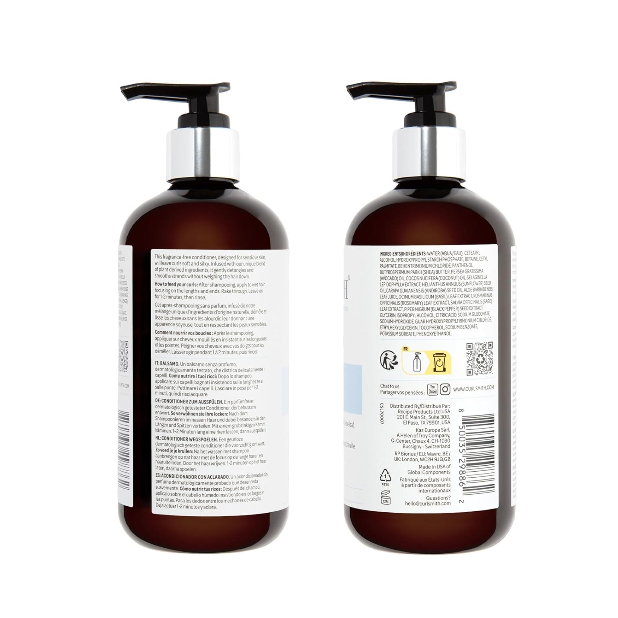To brune Curlsmith balsam-flasker med sort pumpe, viser ingredienser og brugsanvisning på flersproget etiket.