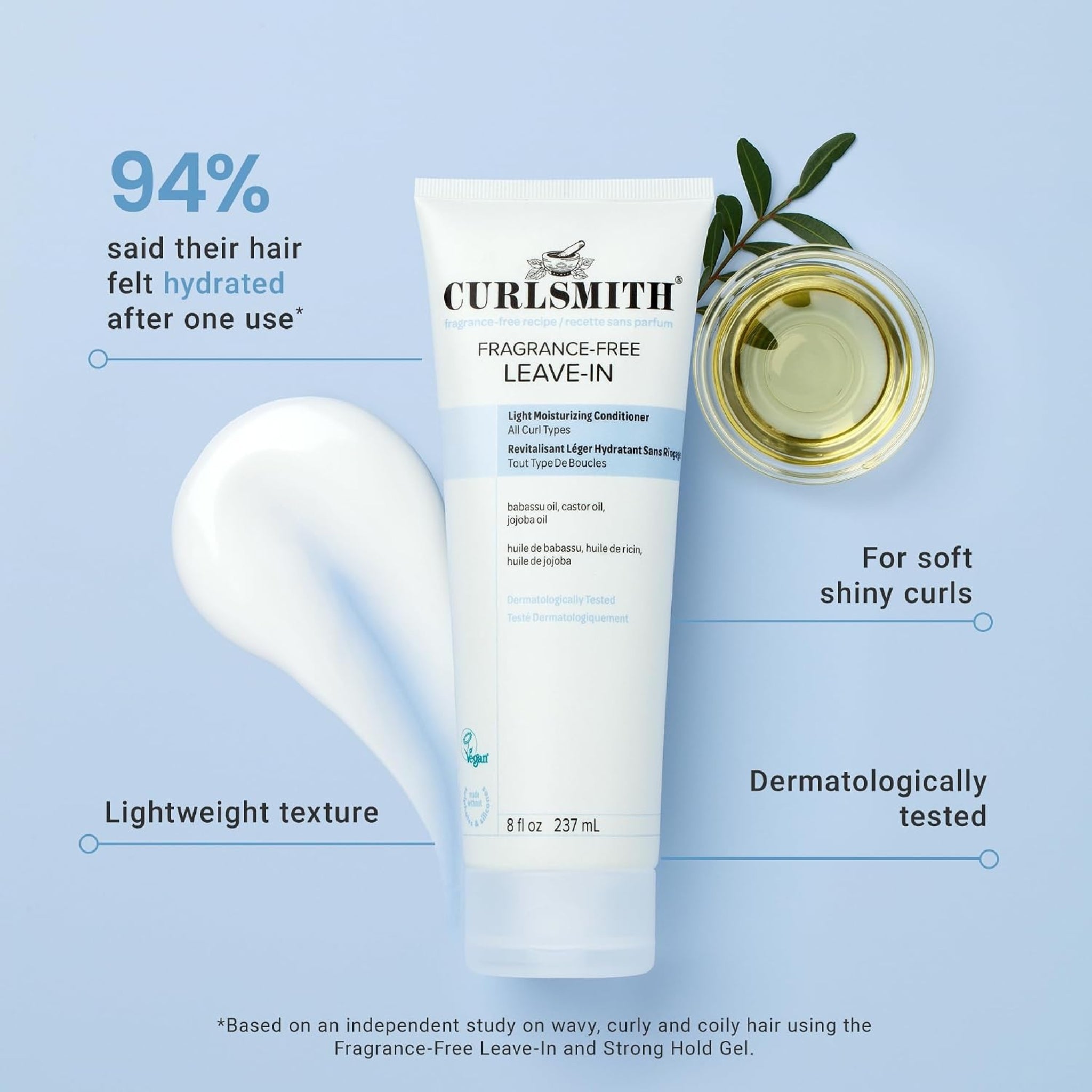 Curlsmith Fragrance-Free Leave-In balsam med olivengren og olie, 94% oplevede hydreret hår efter én brug.