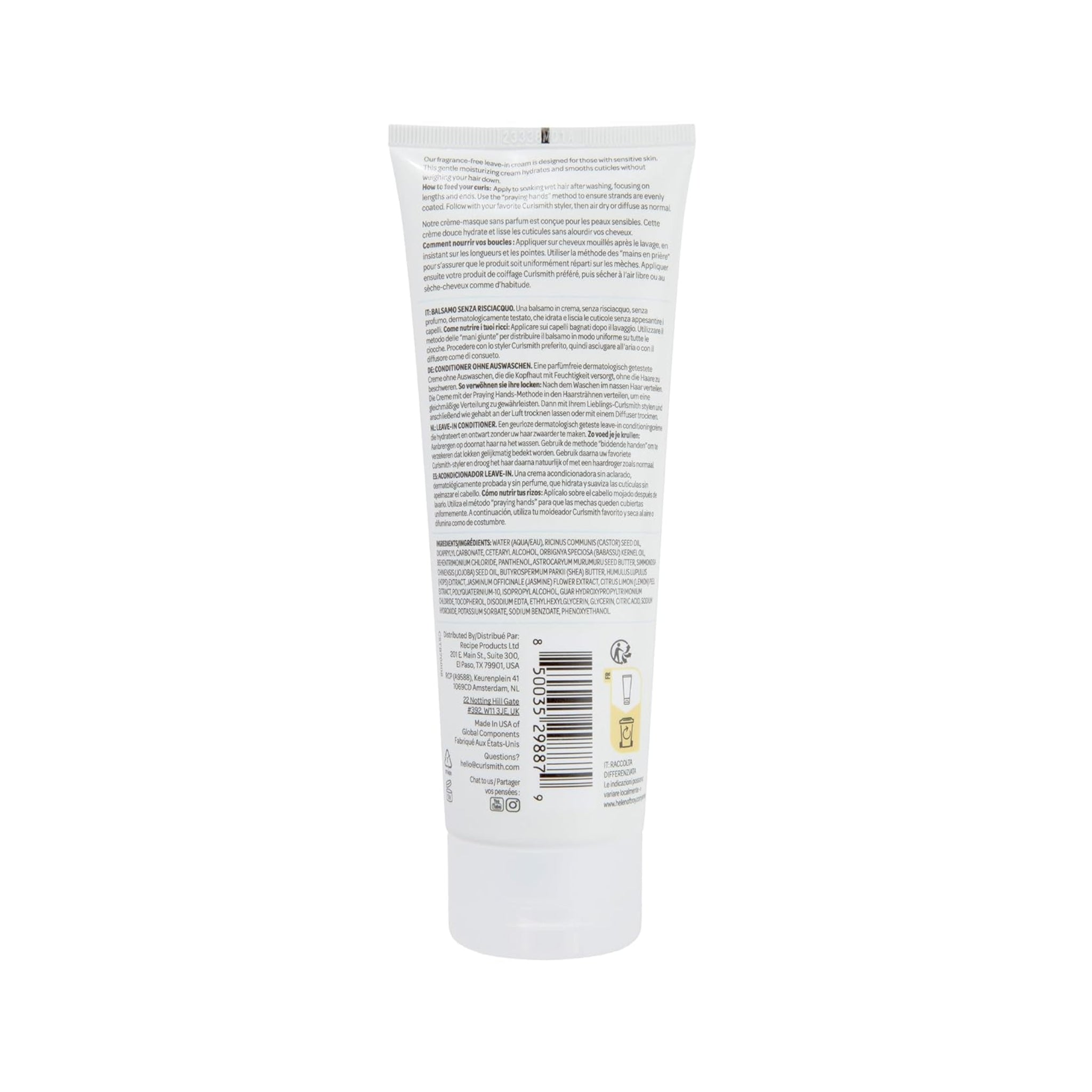 Bagside af Curlsmith hvid tube med parfumefri leave-in conditioner, ingrediensliste og brugsanvisning på flere sprog.