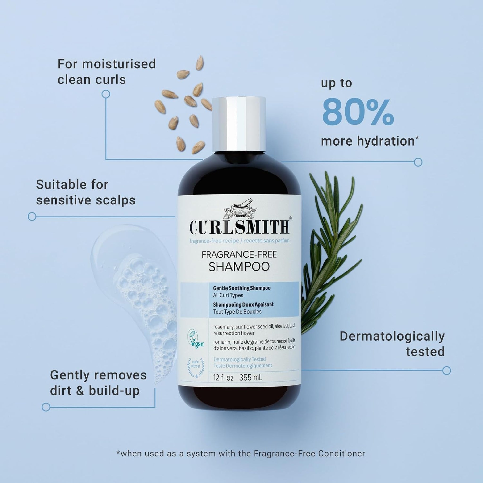 Curlsmith Fragrance-Free Shampoo flaske med rosmarin, for moisturiserede rene curls og 80% mere hydration.
