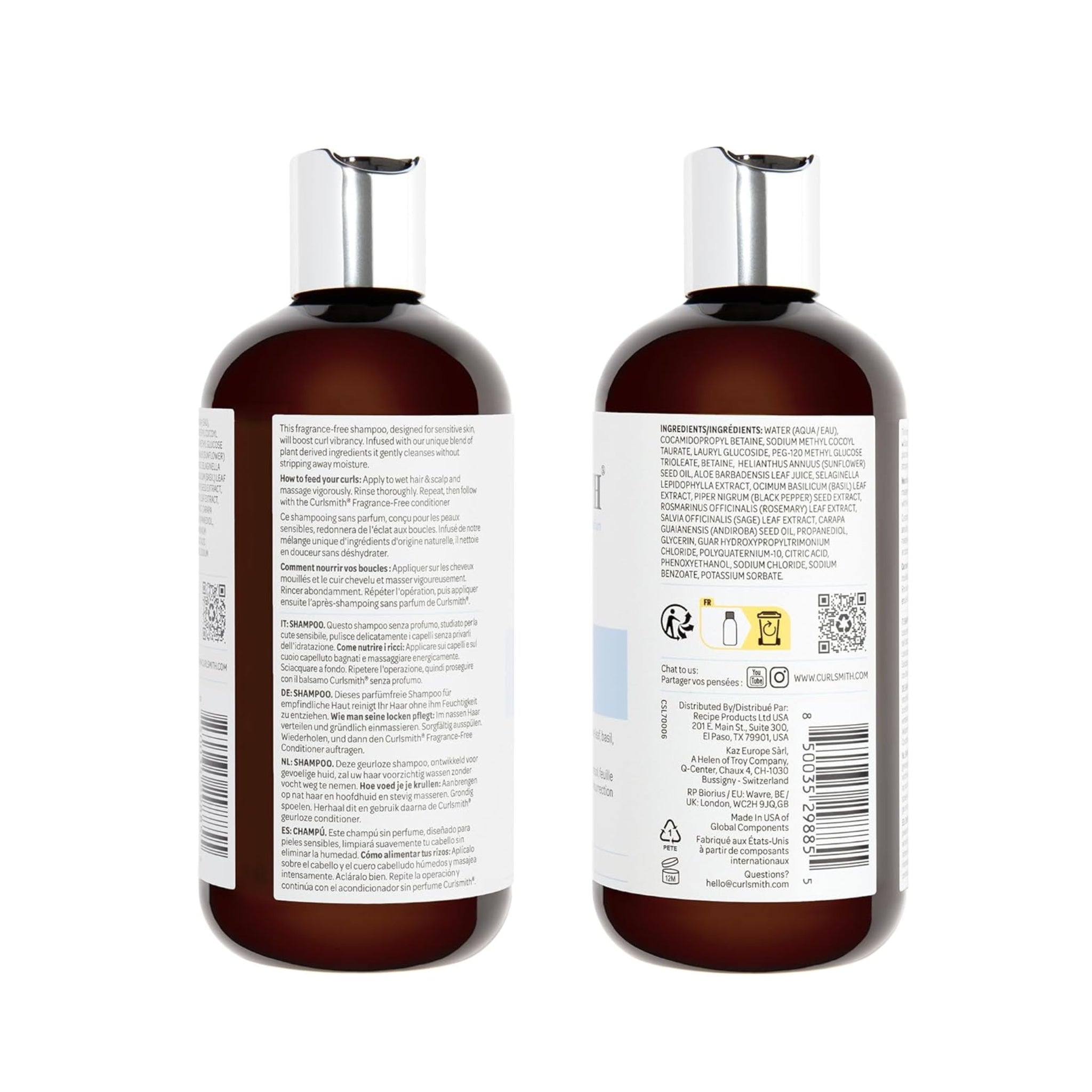 To brune Curlsmith parfumefri shampooflasker med sølvlåg, viser ingrediensliste og brugsanvisning på flere sprog.