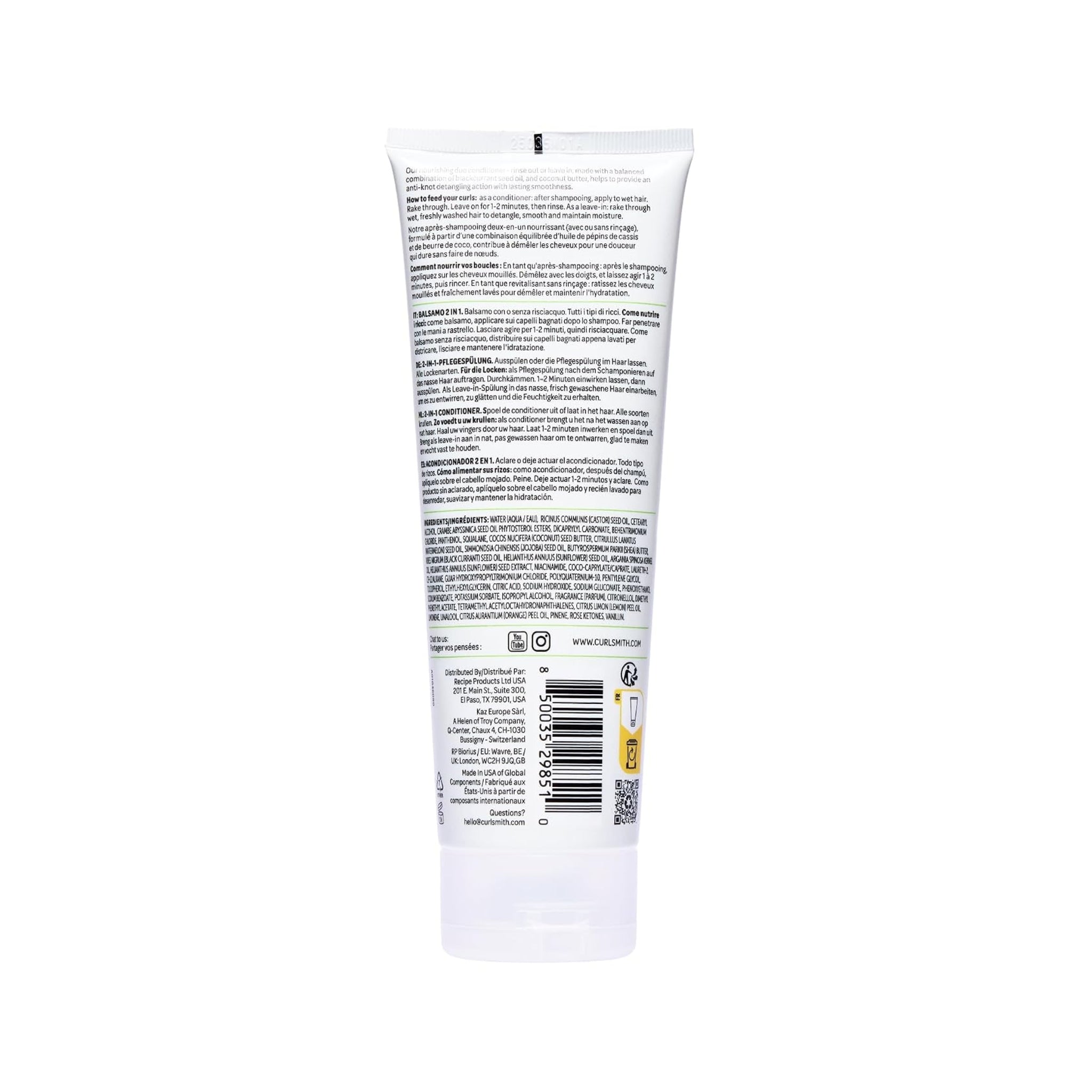 Bagside af Curlsmith 2-in-1 conditioner tube med brugsanvisning, ingrediensliste og stregkode på hvid baggrund.