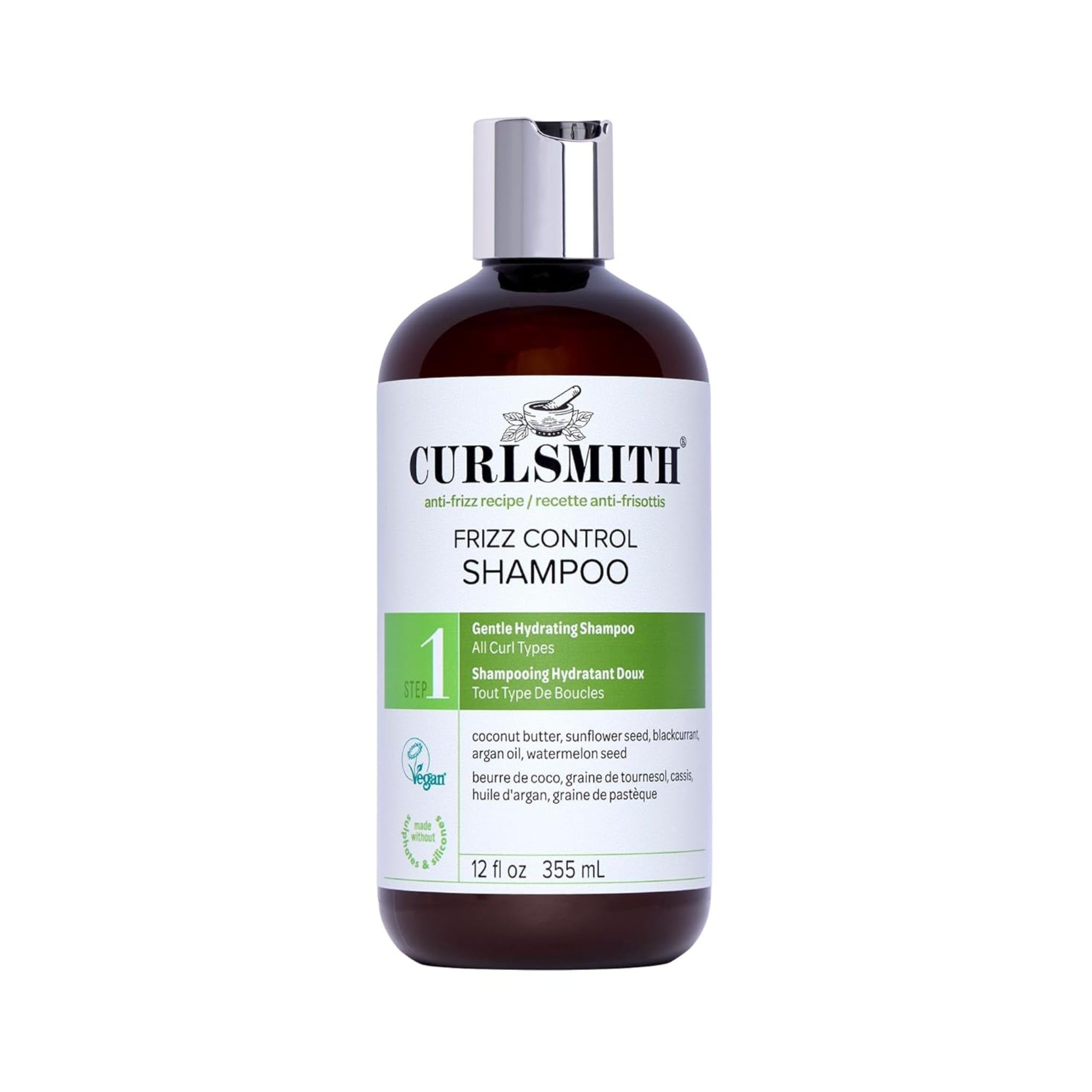 Curlsmith Frizz Control Shampoo i brun flaske med sølvlåg og hvid-grøn etiket, 355 ml.