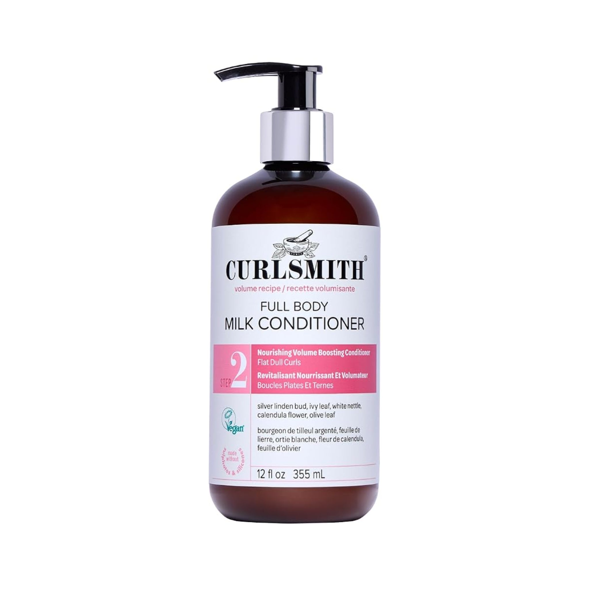 Curlsmith Full Body Milk Conditioner, brun pumpeflaske med hvidt og pink etiket, 355 ml.