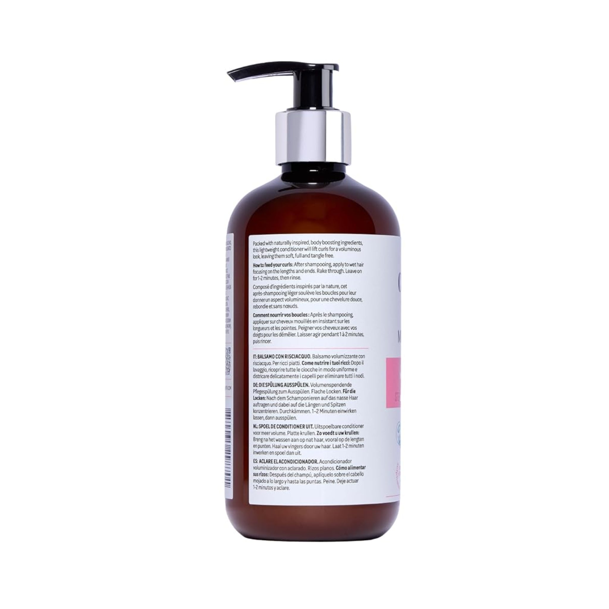 Brun pumpeflaske conditioner med flersproget etiket og instruktioner for krøllet hår.