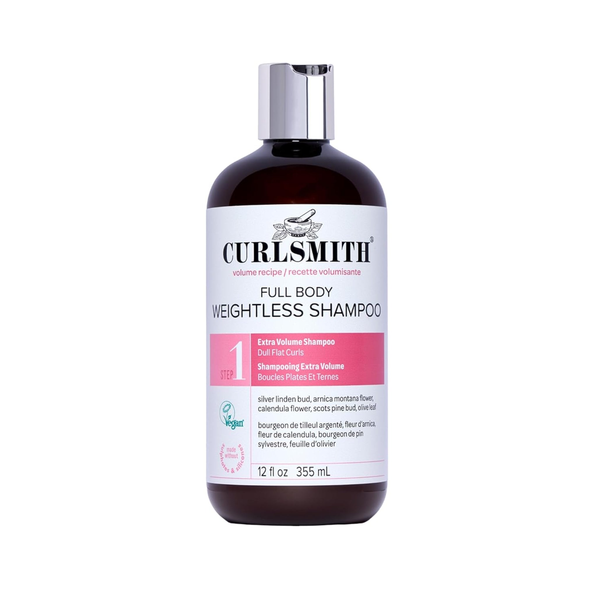 Curlsmith Full Body Weightless Shampoo, brun flaske med sølvlåg og lyserødt trin 1-etiket.