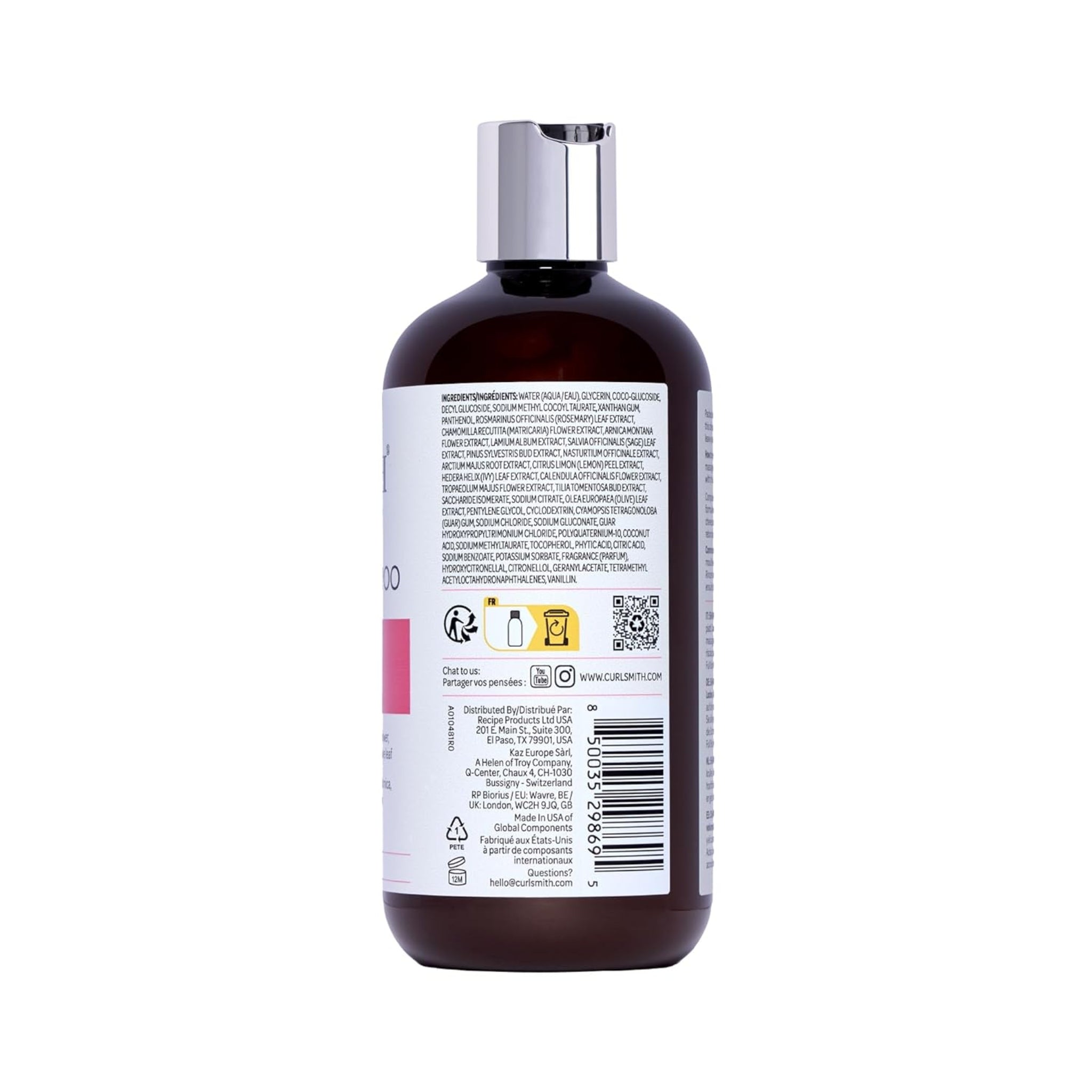 Curlsmith brun shampooflaske med sølvlåg, ingrediensliste og stregkode synlig på etiketten.