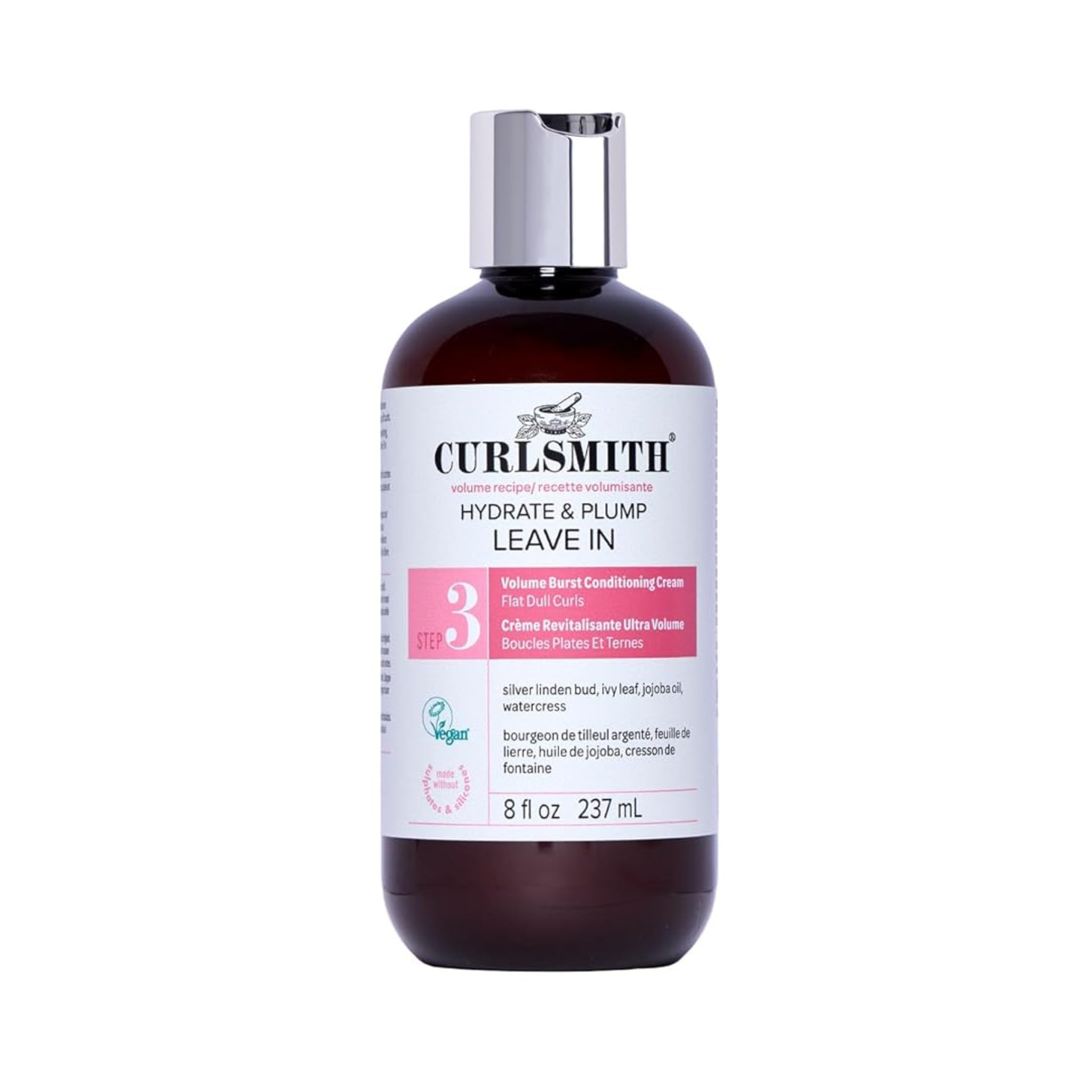 Curlsmith Hydrate & Plump Leave In flaske med sølvlåg, 237 ml volumen conditioning cream til flade krøller.